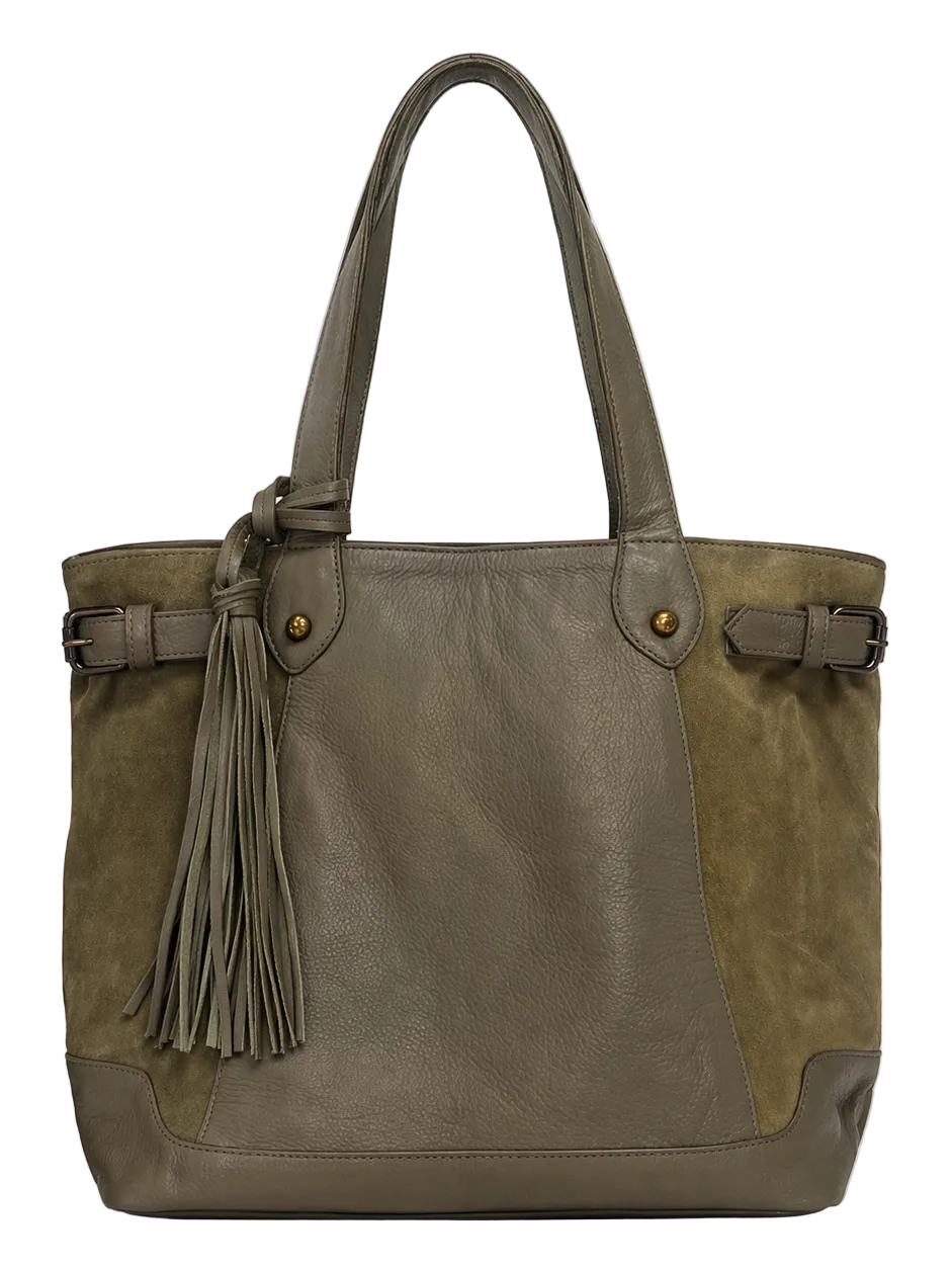 Front view of olive leather and suede shopper