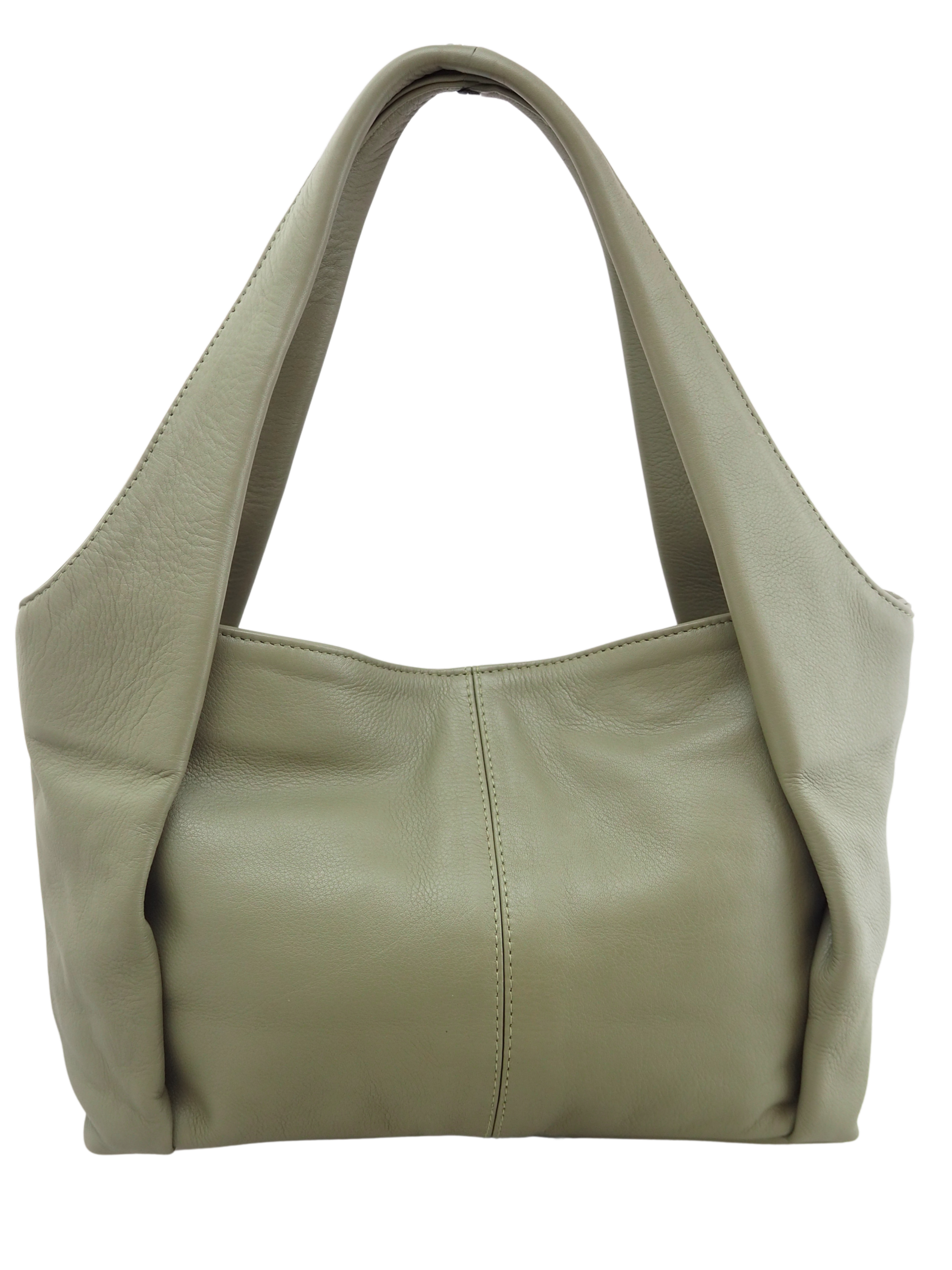 Front view of olive leather handbag with double handles