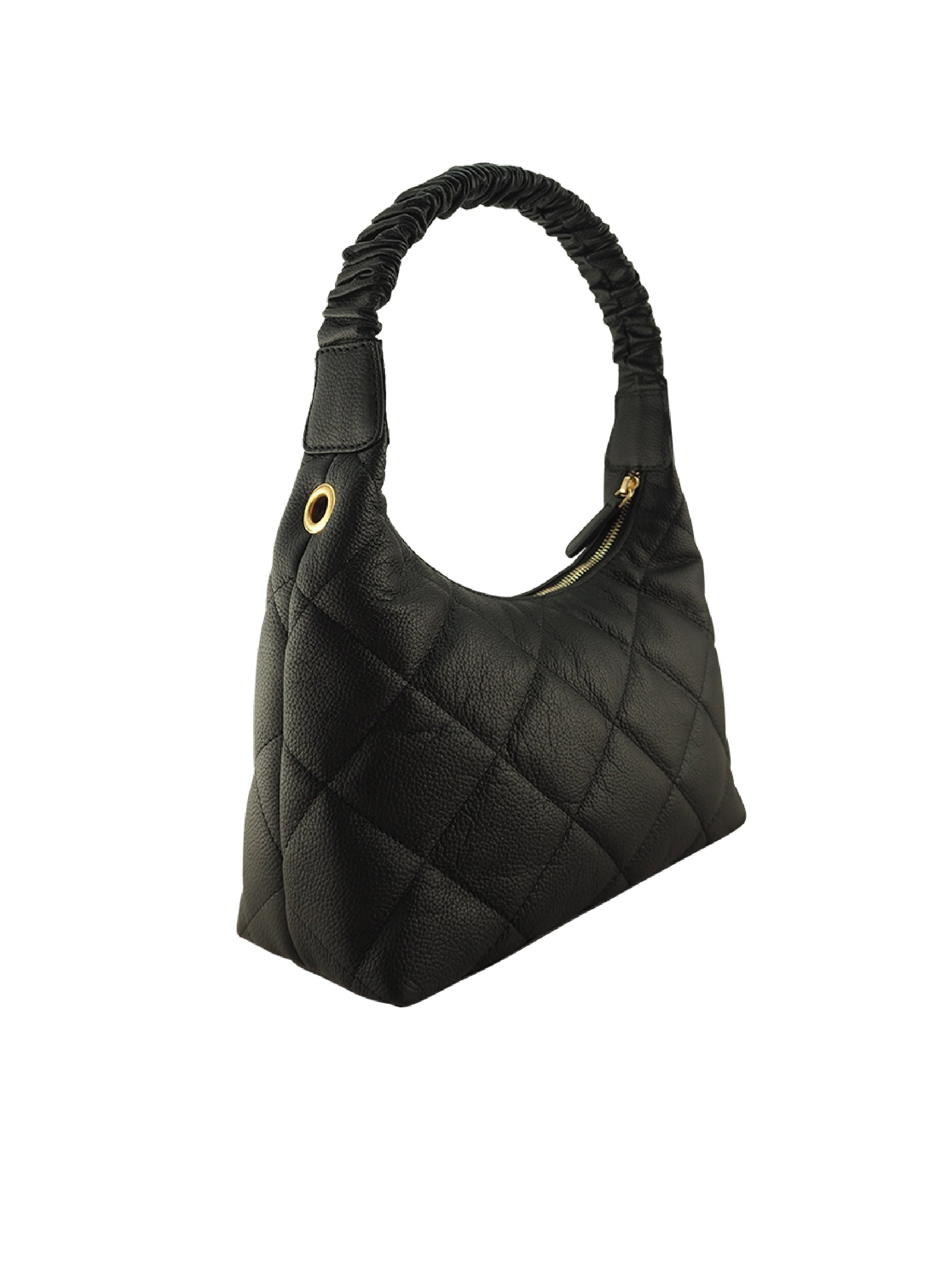 Cadelle Lyndel black leather handbag with diamond quilted stitching and gold chain strap side view