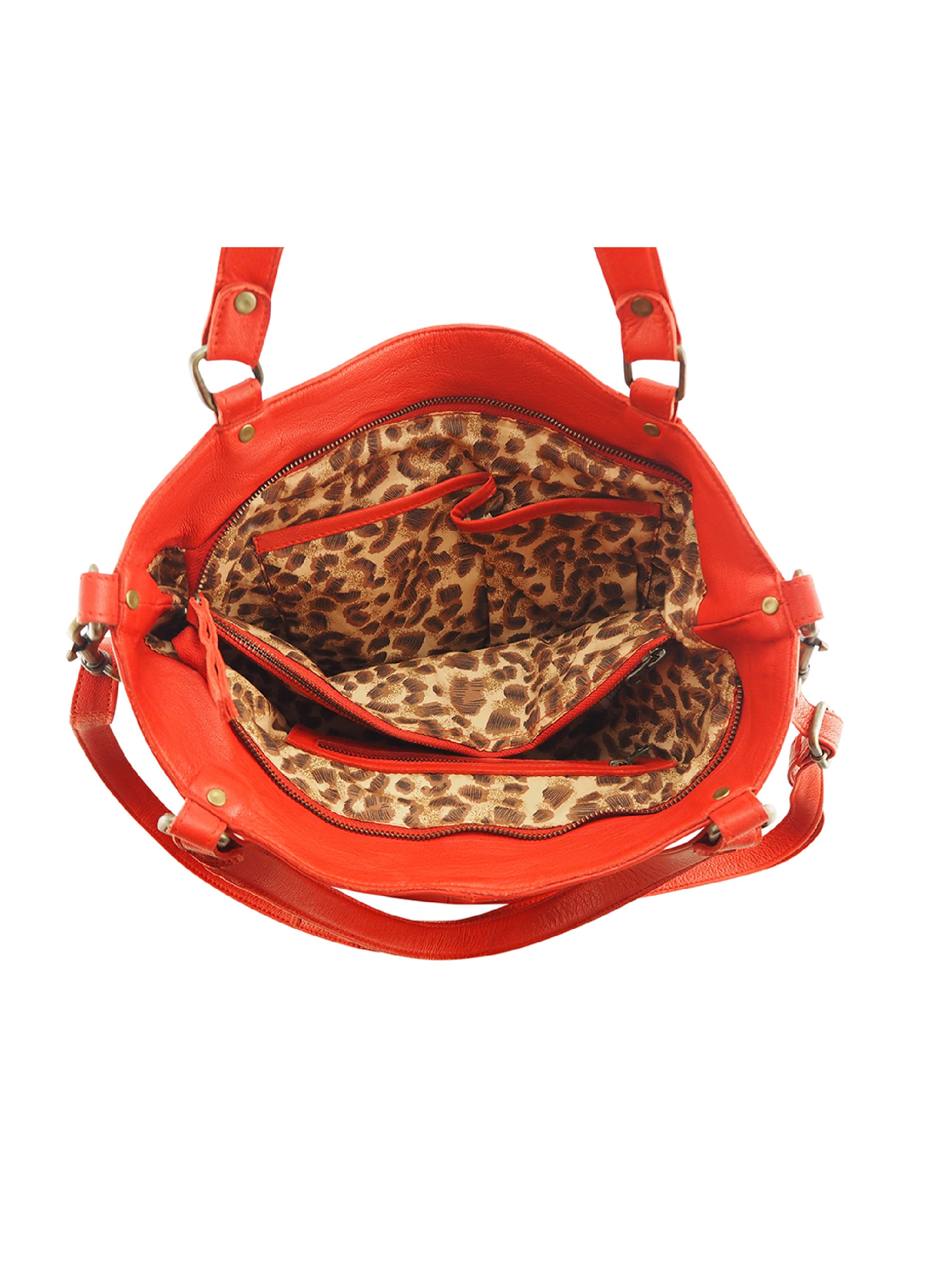 Cadelle Mila red leather tote bag with stitch and stud detail inside view