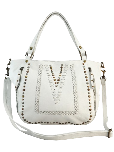 Cadelle Mila white leather tote bag with stitch and stud detail front view