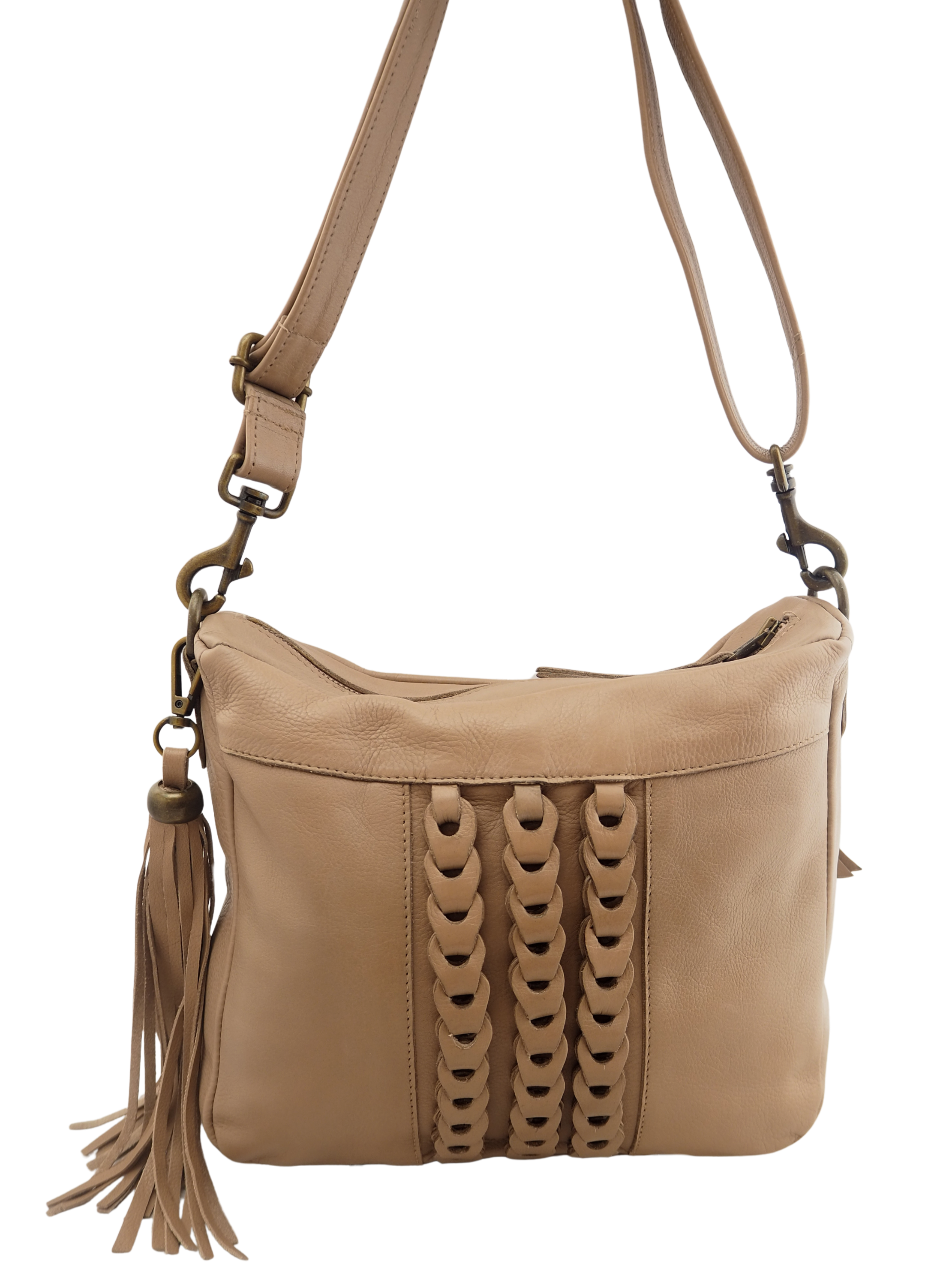Cadelle Becka mocha leather crossbody bag with woven front detail front view
