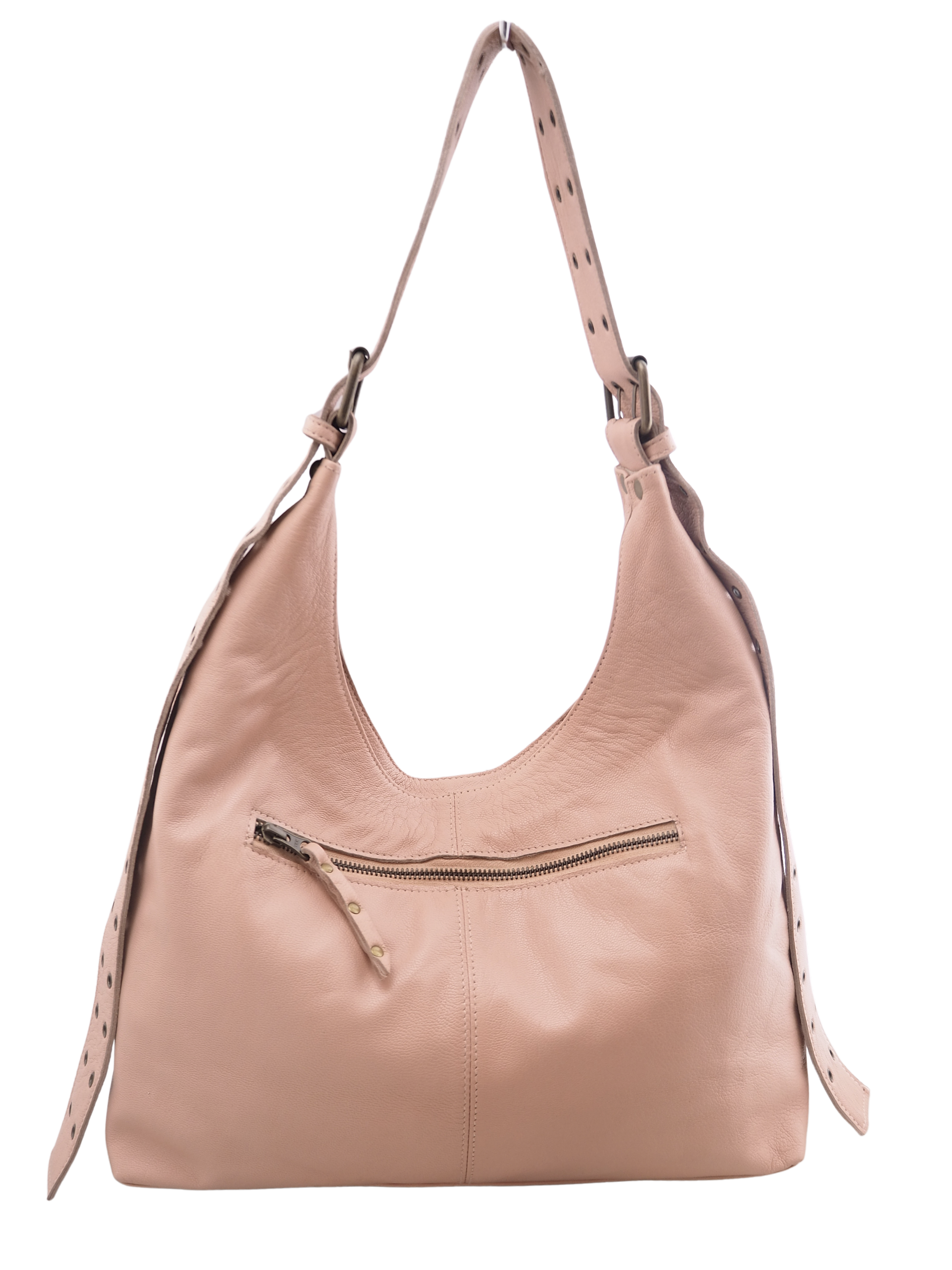 Back view of Misty Rose pink leather hobo