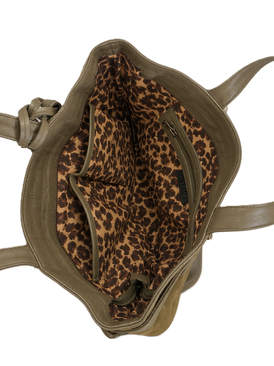 Inside of leather and suede shopper with leopard print lining