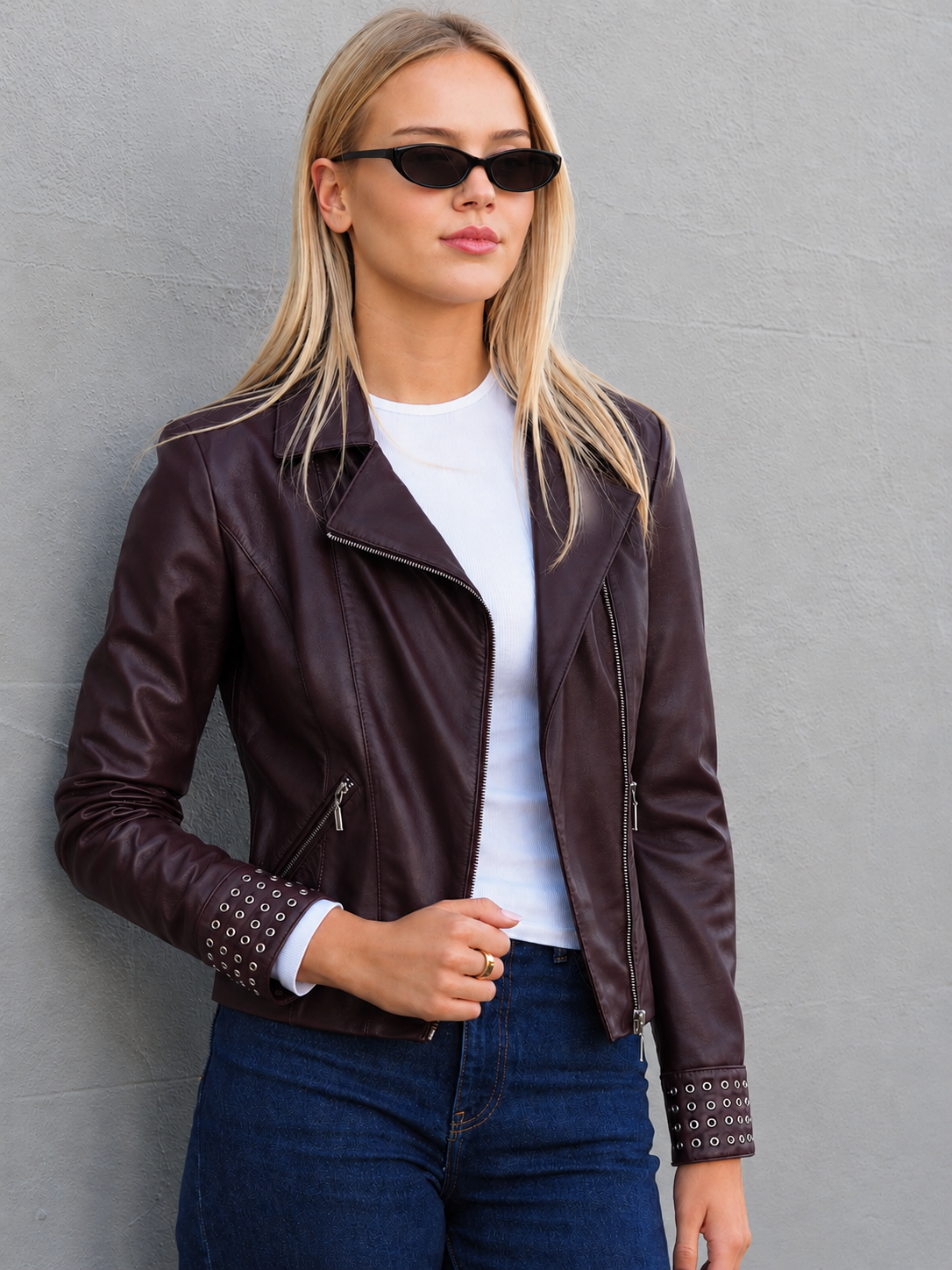 Chocolate Berry leather biker with eyelet detailing on cuffs