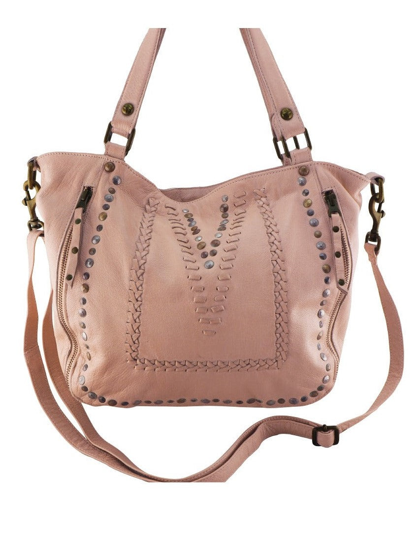 Cadelle Mila misty rose leather tote bag with stitch and stud detail front view