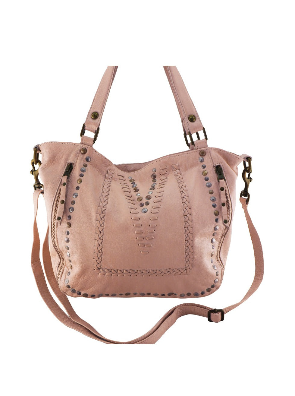 Cadelle Mila misty rose leather tote bag with stitch and stud detail front view