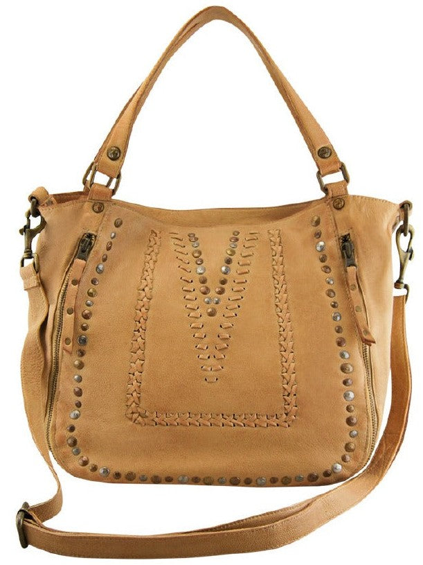 Cadelle Mila camel leather tote bag with stitch and stud detail front view