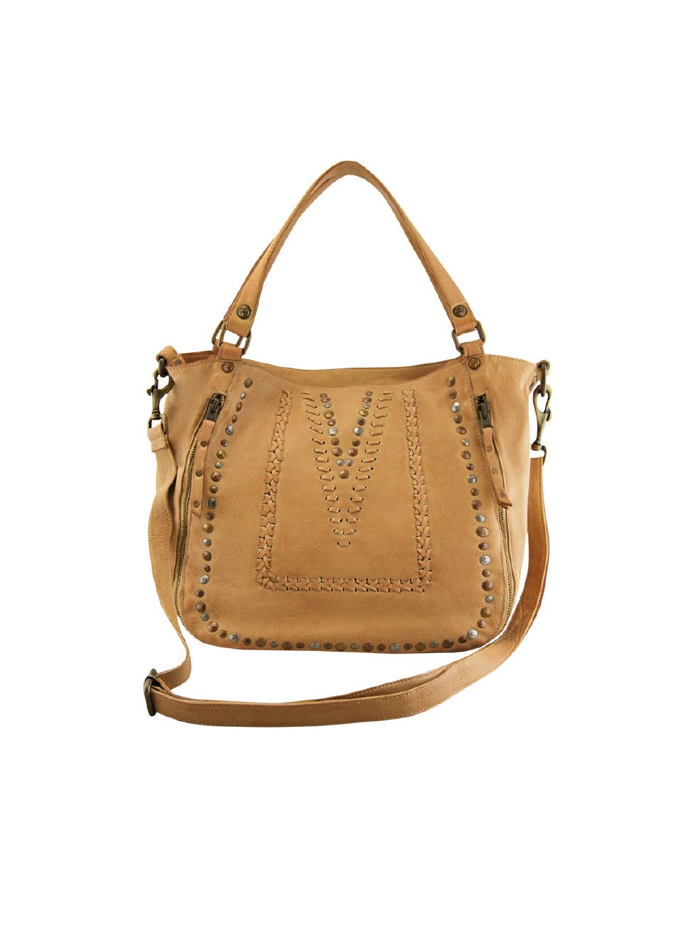 Cadelle Mila camel tote bag with stitch and stud detail front view