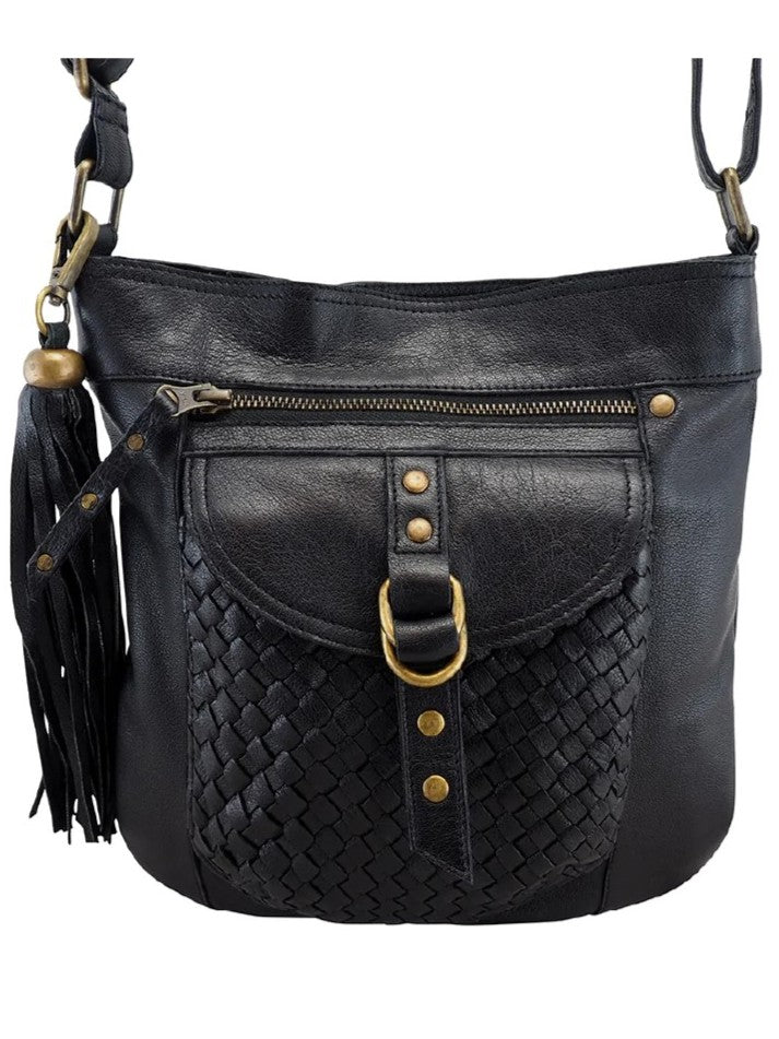 Cadelle Millie black leather crossbody with woven front pocket and detacahable tassel