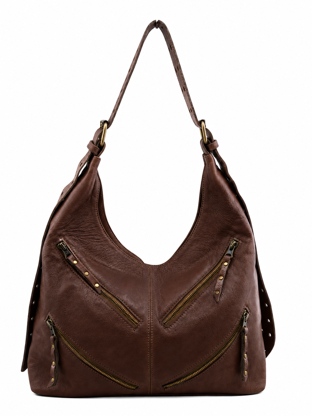 Chocolate leather hobo by Cadelle leather with front zip pockets and eyelets on the strap