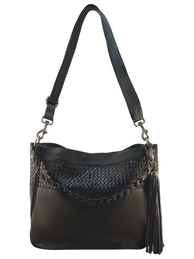 Cadelle Sloane black leather shopper bag with woven panels and dual handles front view