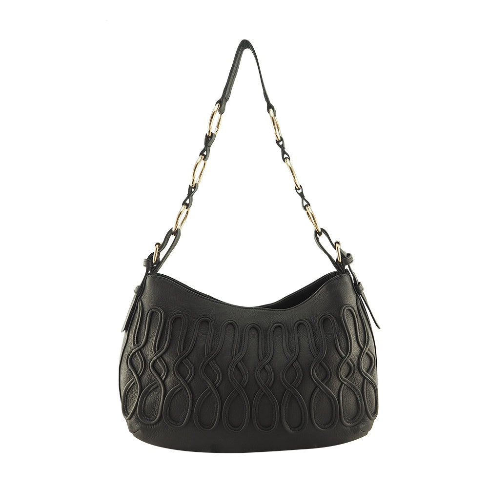 Cadelle Susie black leather handbag with slouchy shape and zip pockets front view