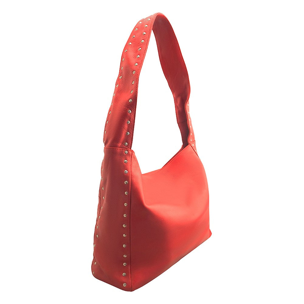 Cadelle Blondie red leather hobo bag with stud detailing and slouchy shape side view
