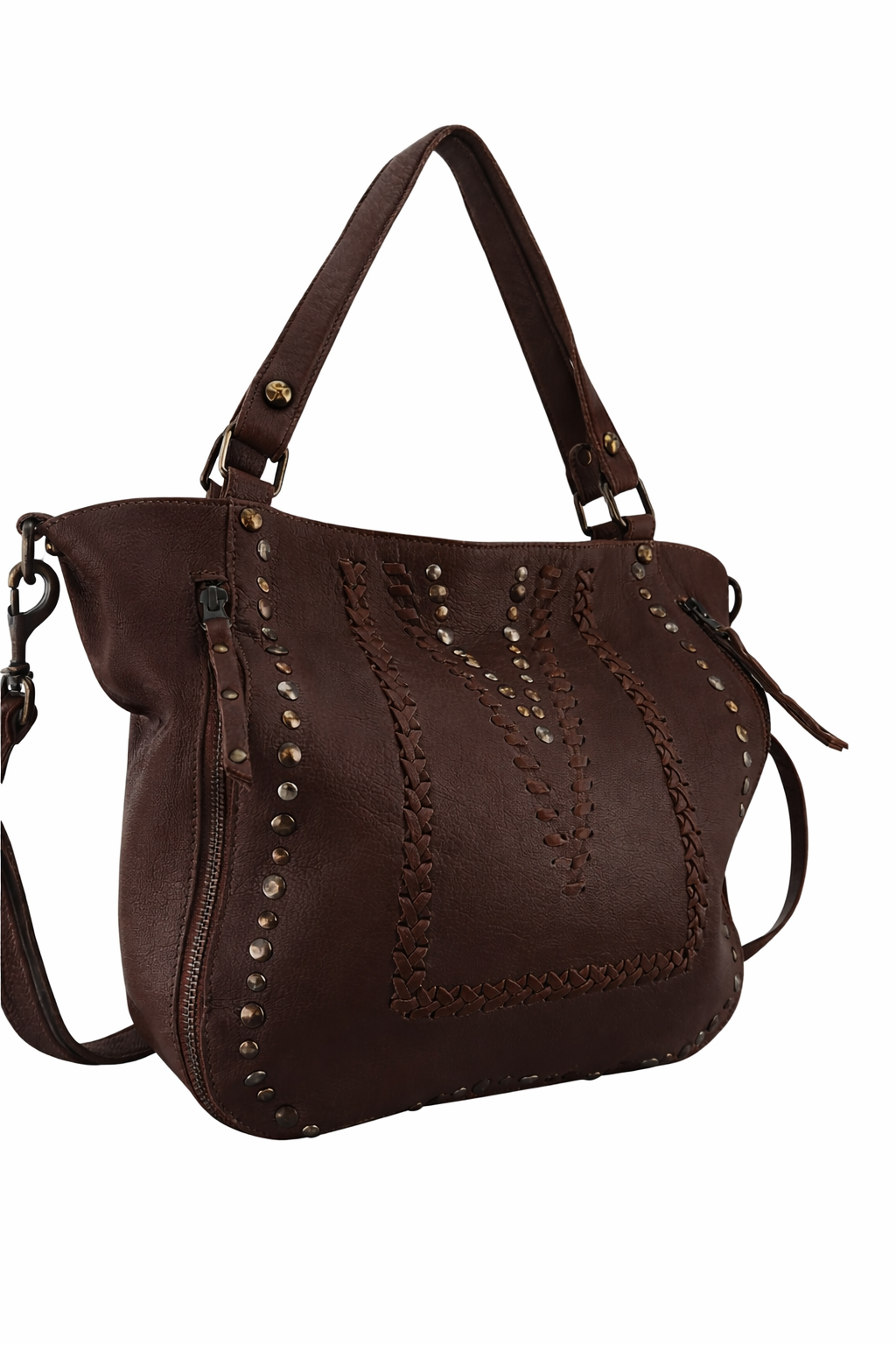 Cadelle Mila chocolate leather tote bag with stitch and stud detail side view