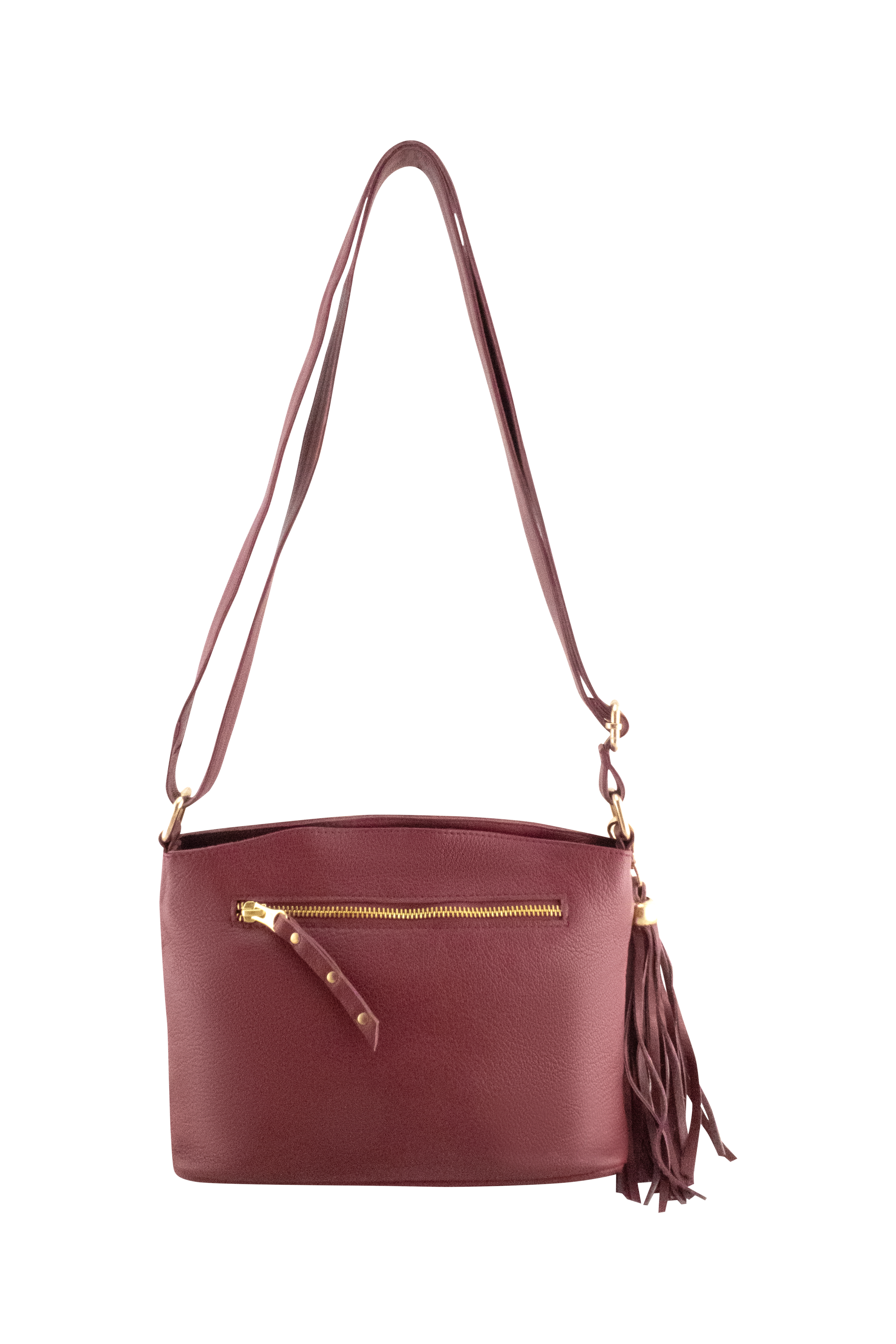 Cadelle Bridgette berry leather crossbody bag with multiple zip pockets back view