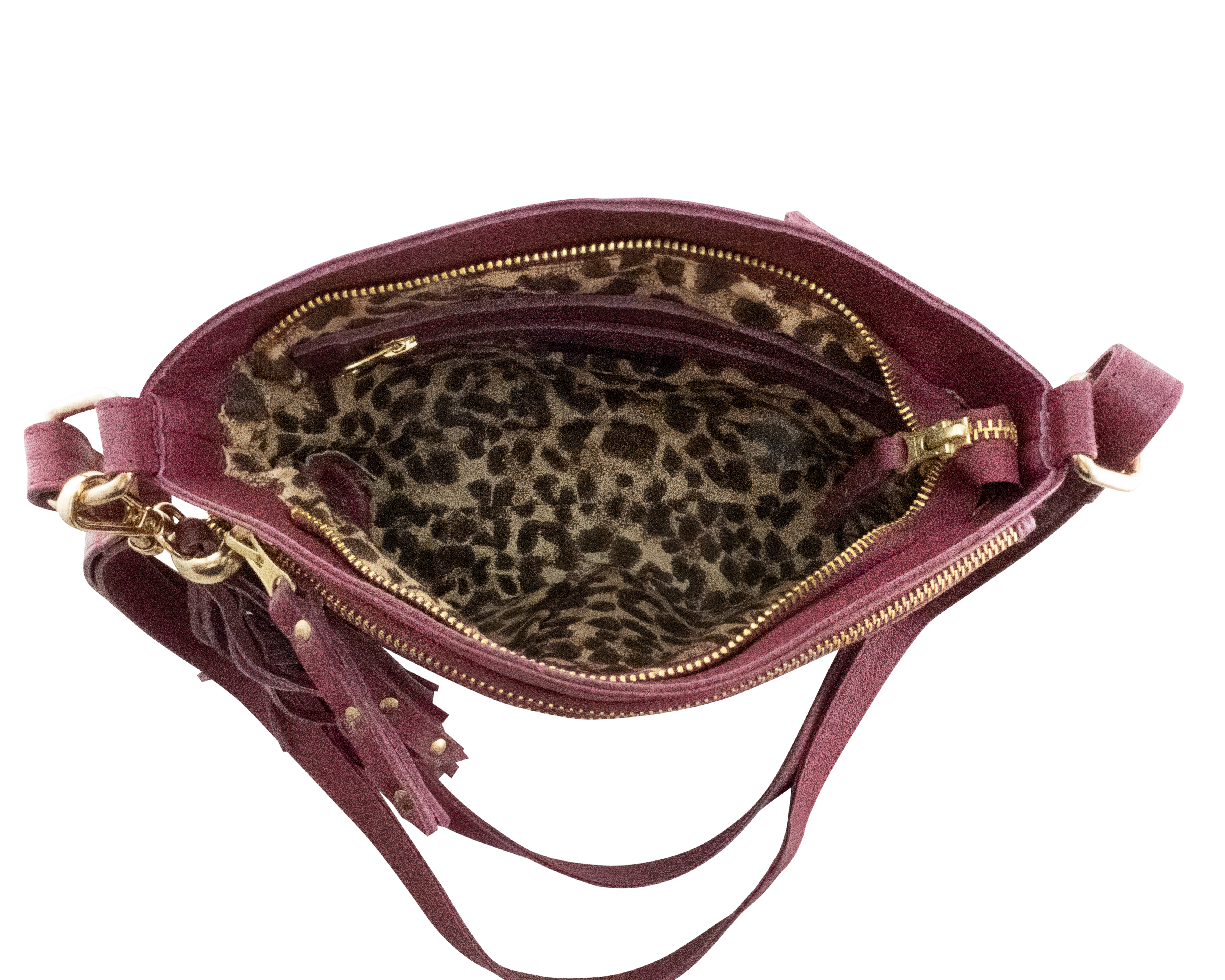 Cadelle Bridgette berry leather crossbody bag with multiple zip pockets inside view