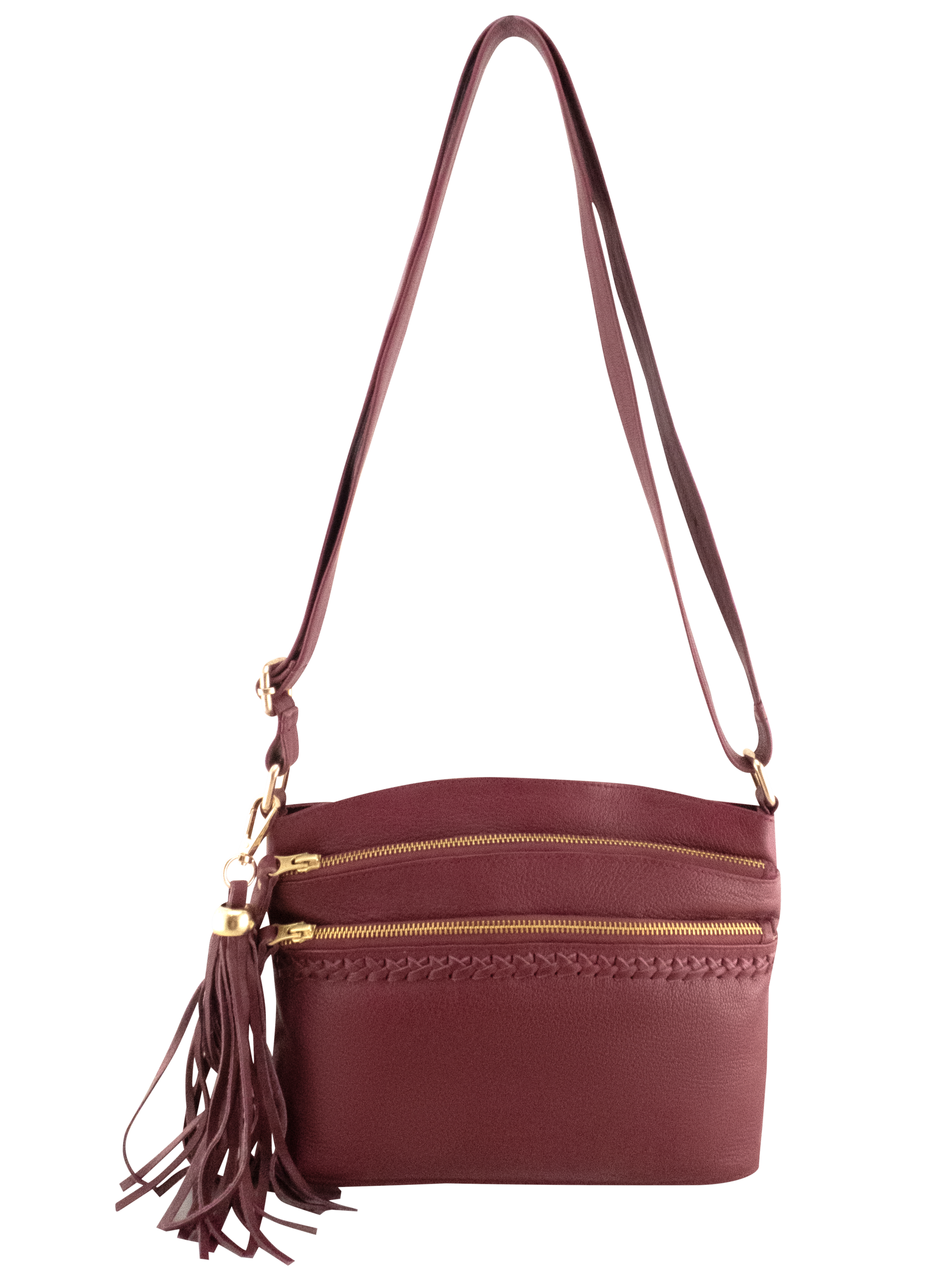 Cadelle Bridgette berry leather crossbody bag with multiple zip pockets front view