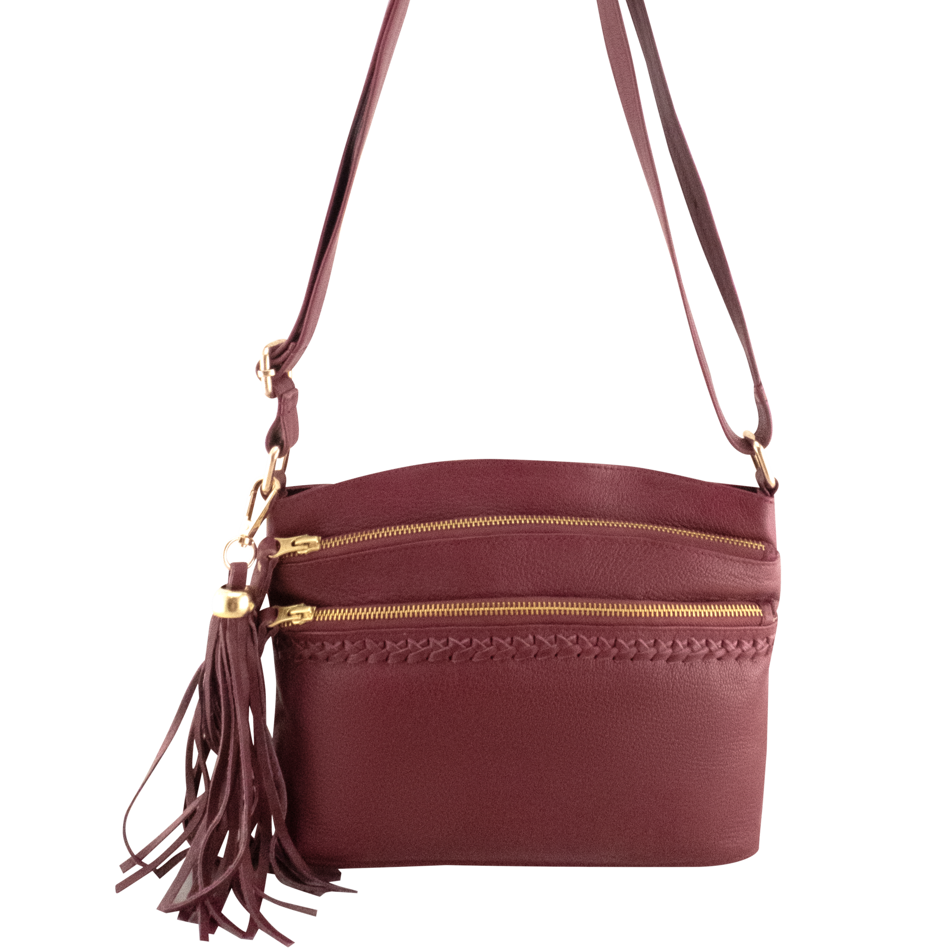Cadelle Bridgette berry leather crossbody bag with multiple zip pockets front view