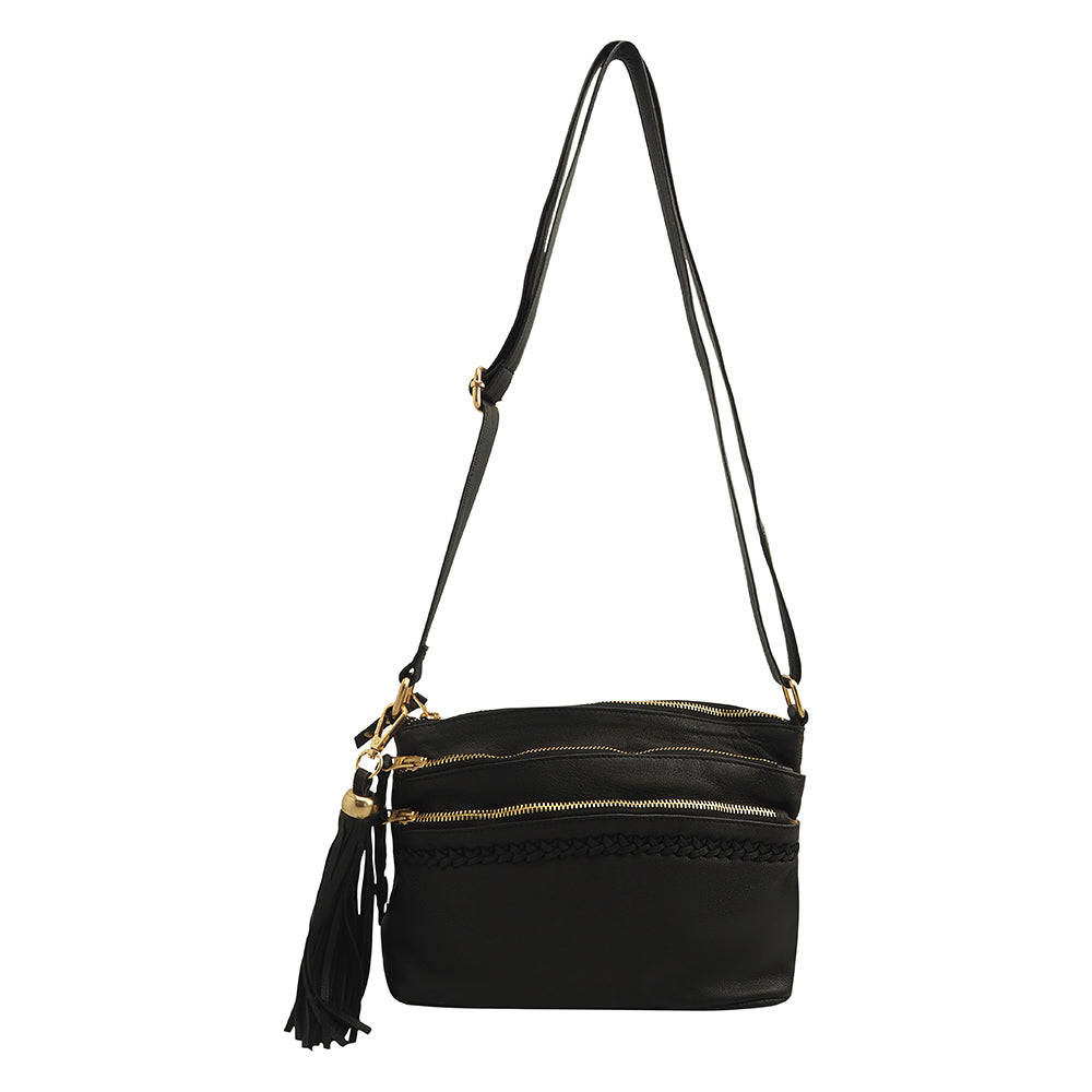 Cadelle Bridgette black leather crossbody bag with multiple zip pockets front view