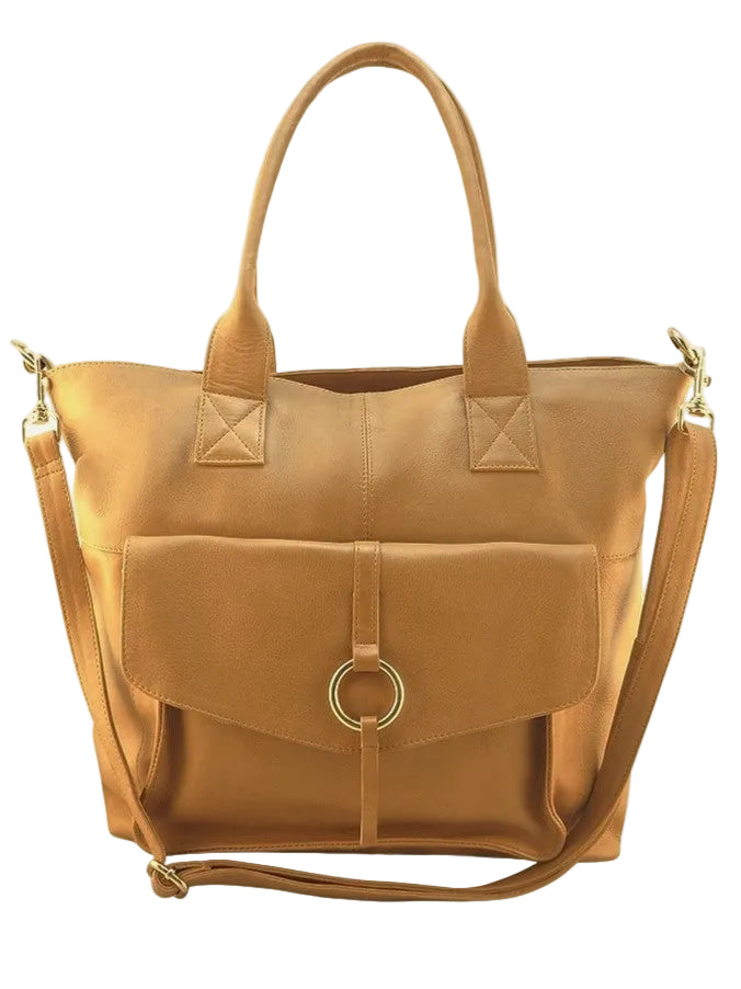 Cadelle Lisette camel leather laptop bag with padded compartment and structured shape front view