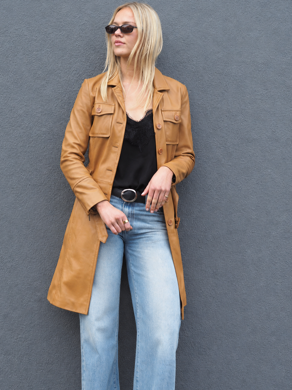 Cadelle leather Caroline trench coat in camel with patch pockets and waist tie