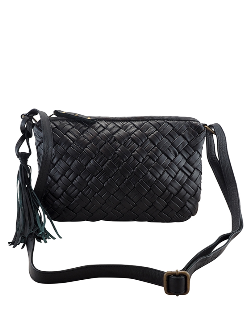 Cadelle black leather woven handbag with a strap and detachable crossbody
