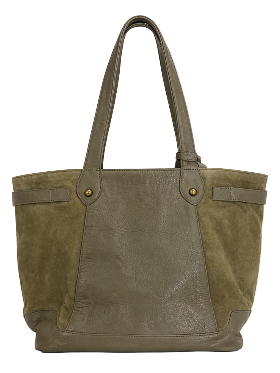 Back view of olive leather and suede shopper