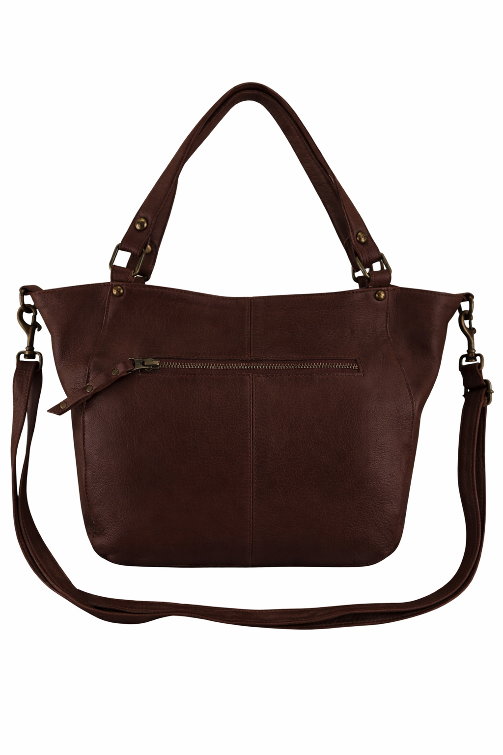Cadelle Mila chocolate leather tote bag with stitch and stud detail back view
