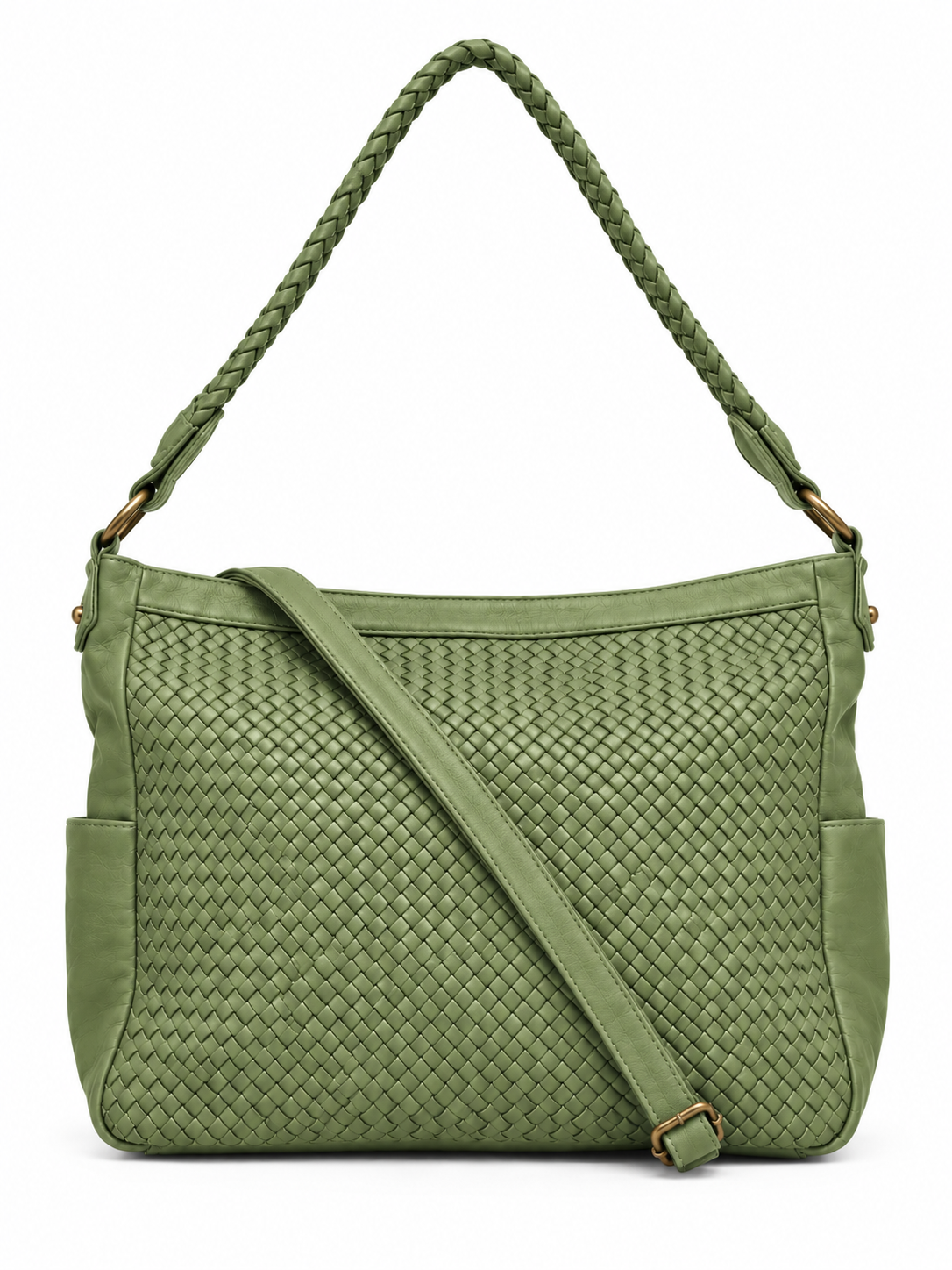 Frankie moss green leather shopper with woven front panel, plait strap and detachable crossbody strap