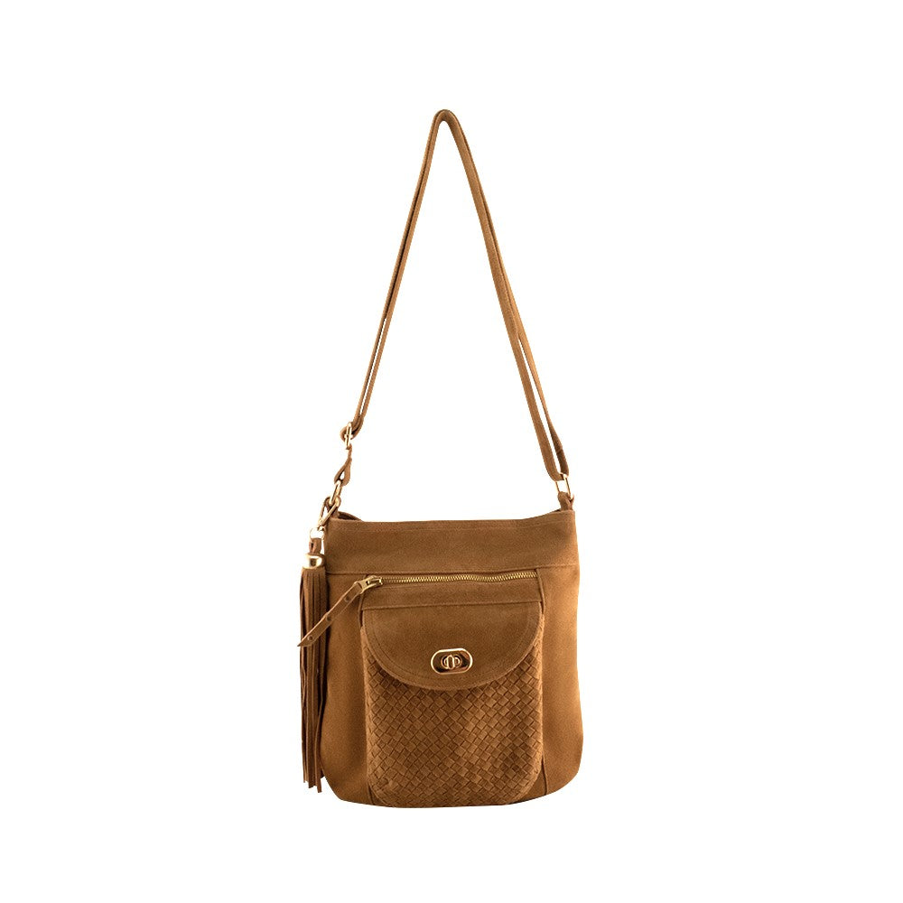 Cadelle Shelley tan suede crossbody bag with woven flap and gold key lock front view