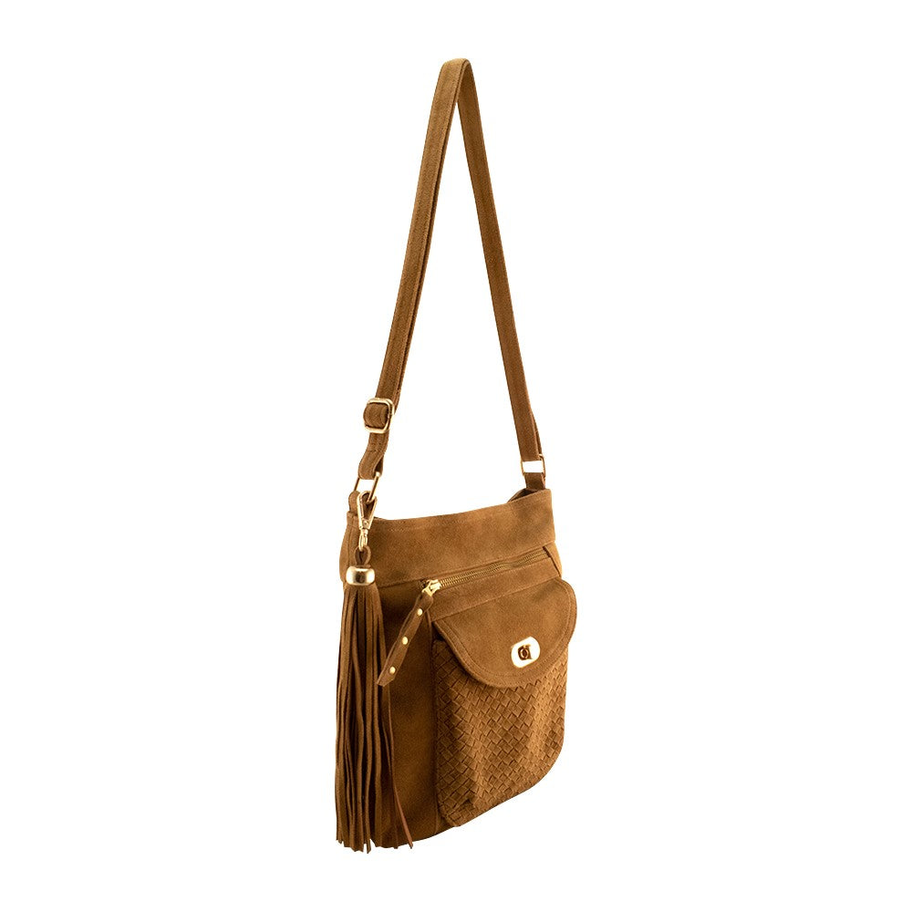 Cadelle Shelley tan suede crossbody bag with woven flap and gold key lock side view