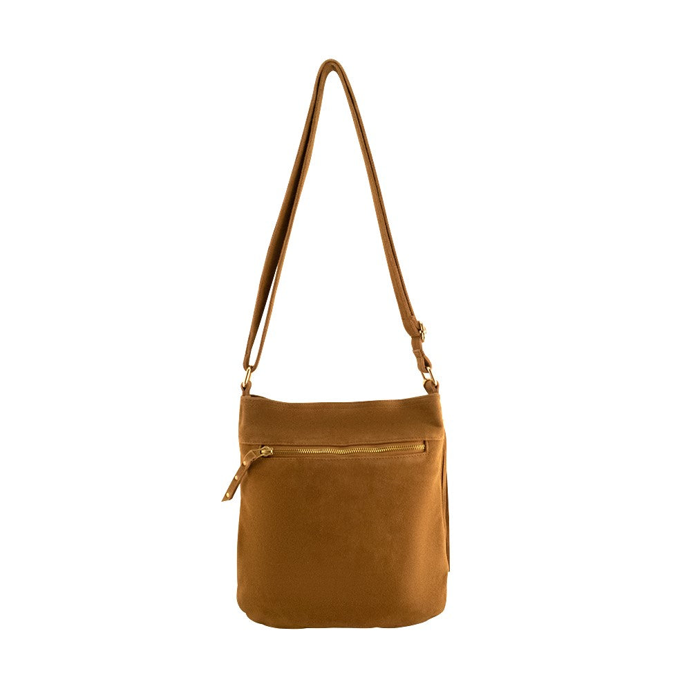 Cadelle Shelley tan suede crossbody bag with woven flap and gold key lock back view