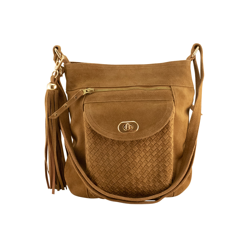 Cadelle Shelley tan suede crossbody bag with woven flap and gold key lock front view