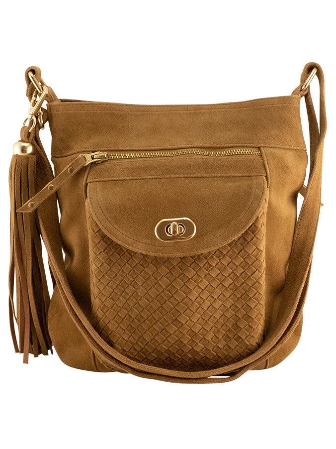 Cadelle Shelley tan suede crossbody bag with woven flap and gold key lock front view