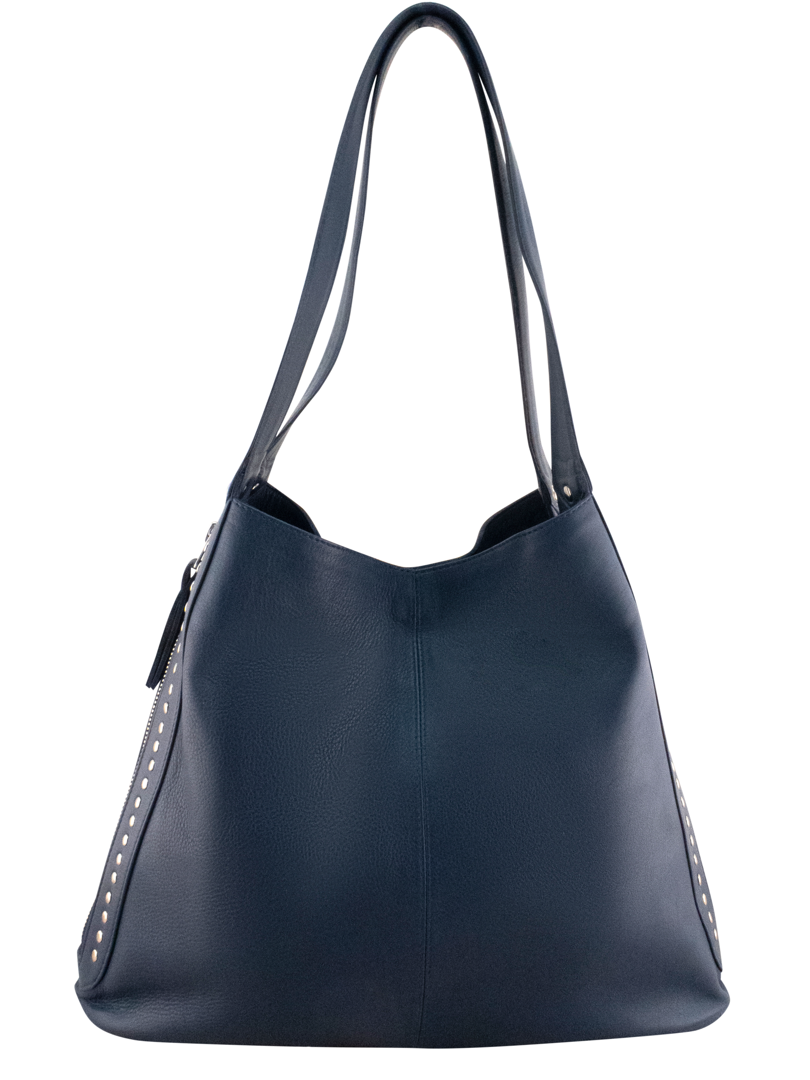 Cadelle Jessie denim blue leather tote bag with expandable zip sides front view