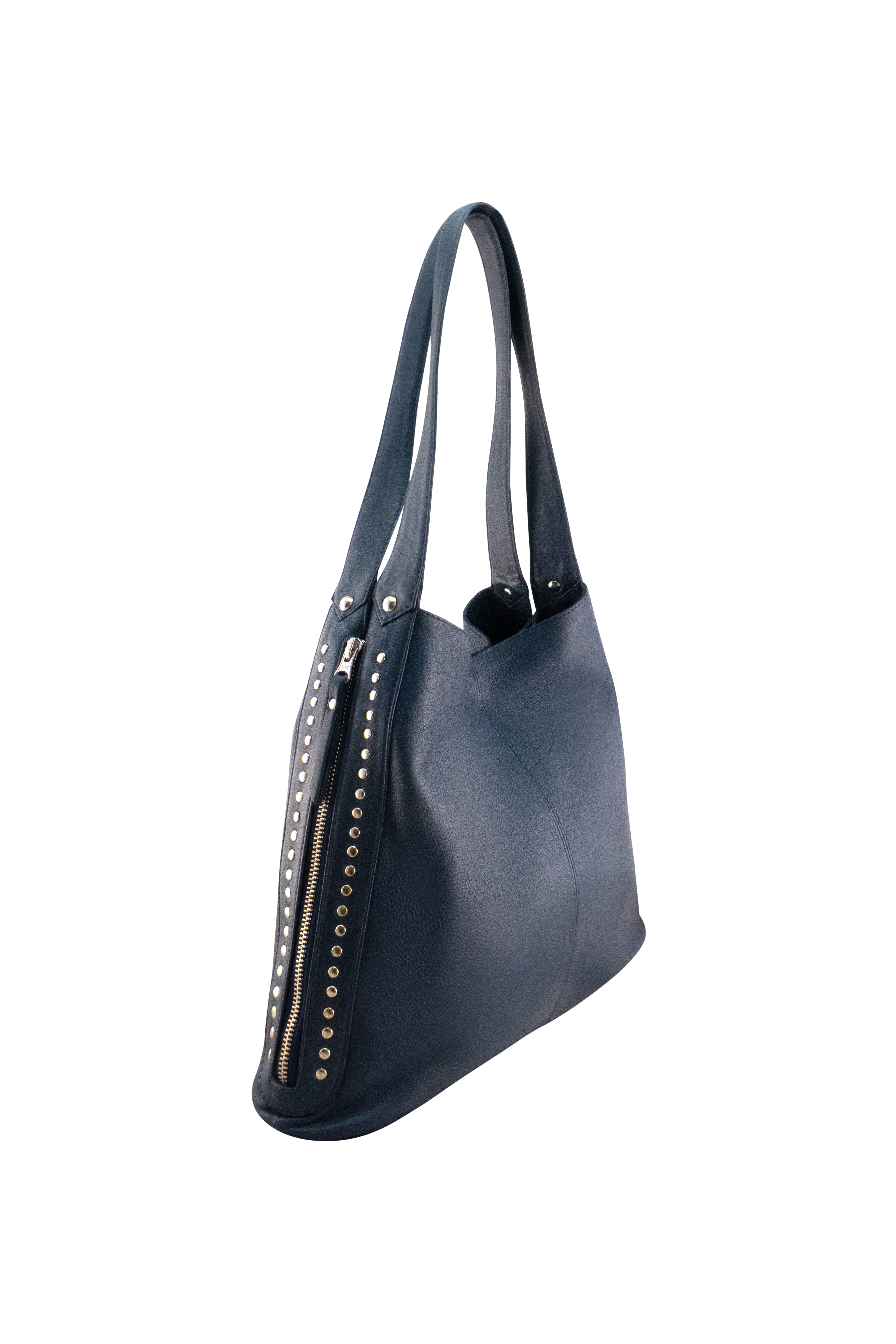 Cadelle Jessie denim blue leather tote bag with expandable zip sides side view