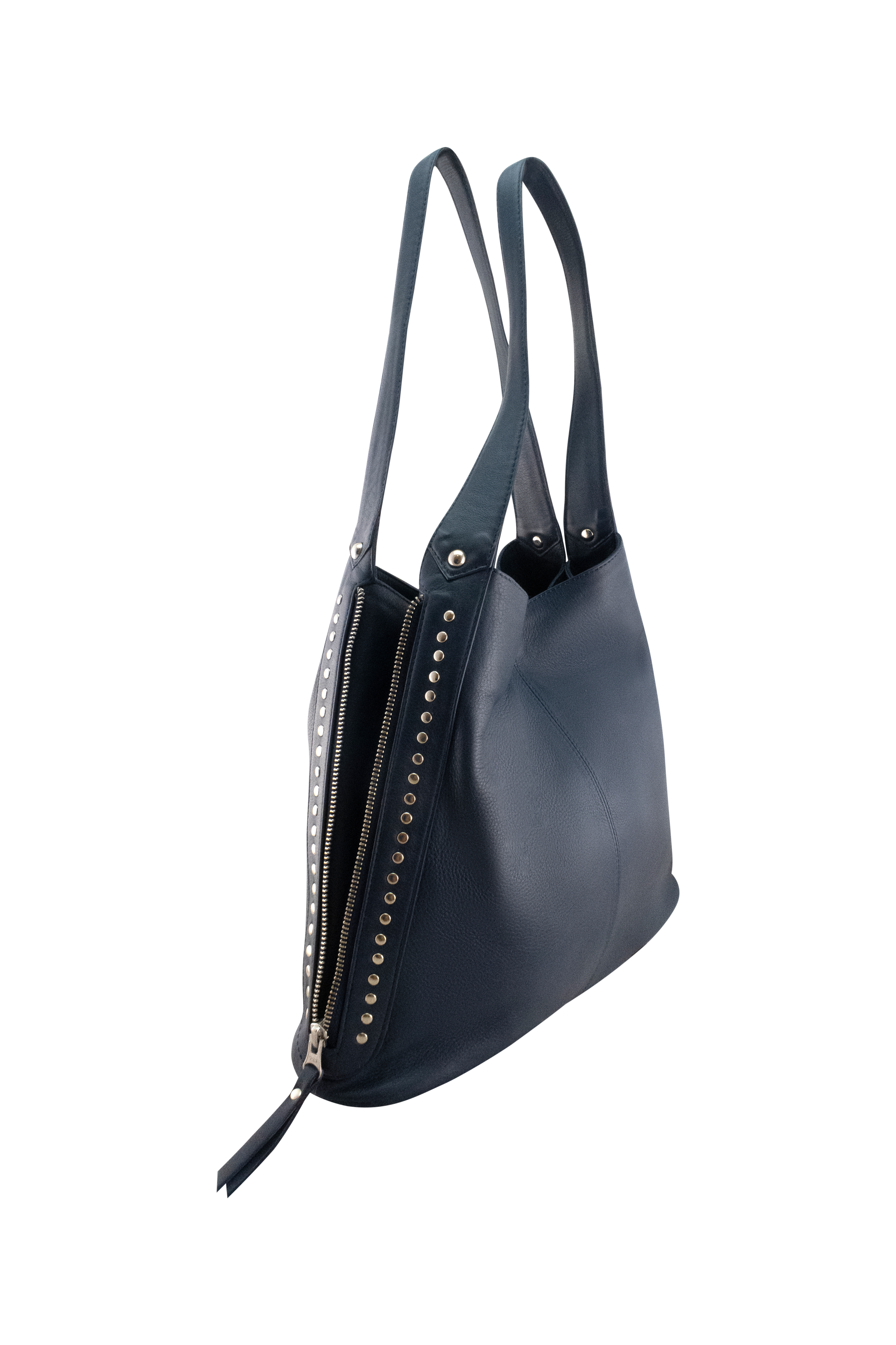 Cadelle Jessie denim blue leather tote bag with expandable zip sides side view