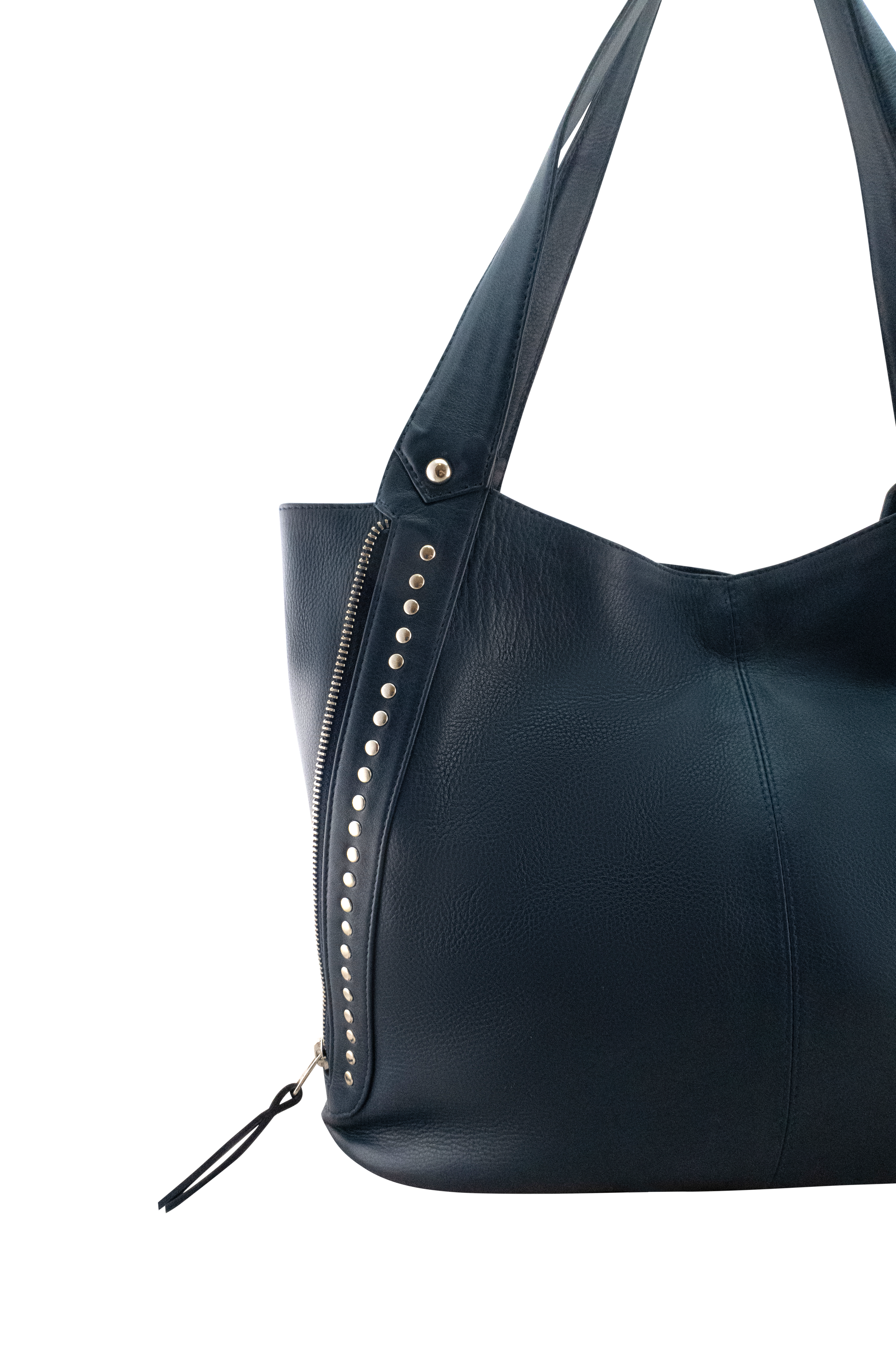 Cadelle Jessie denim blue leather tote bag with expandable zip sides close up view