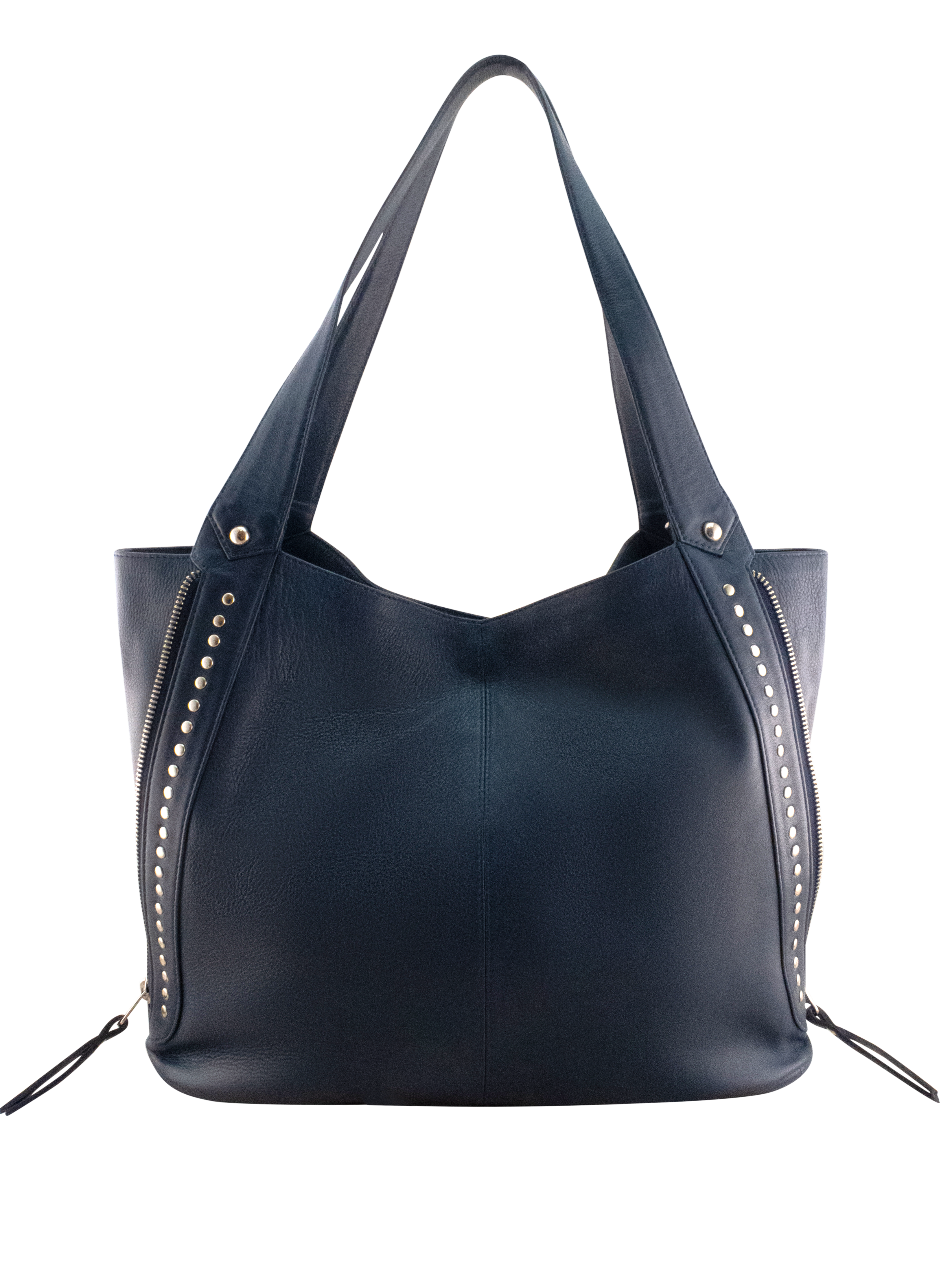Cadelle Jessie denim leather tote bag with expandable zip sides front view