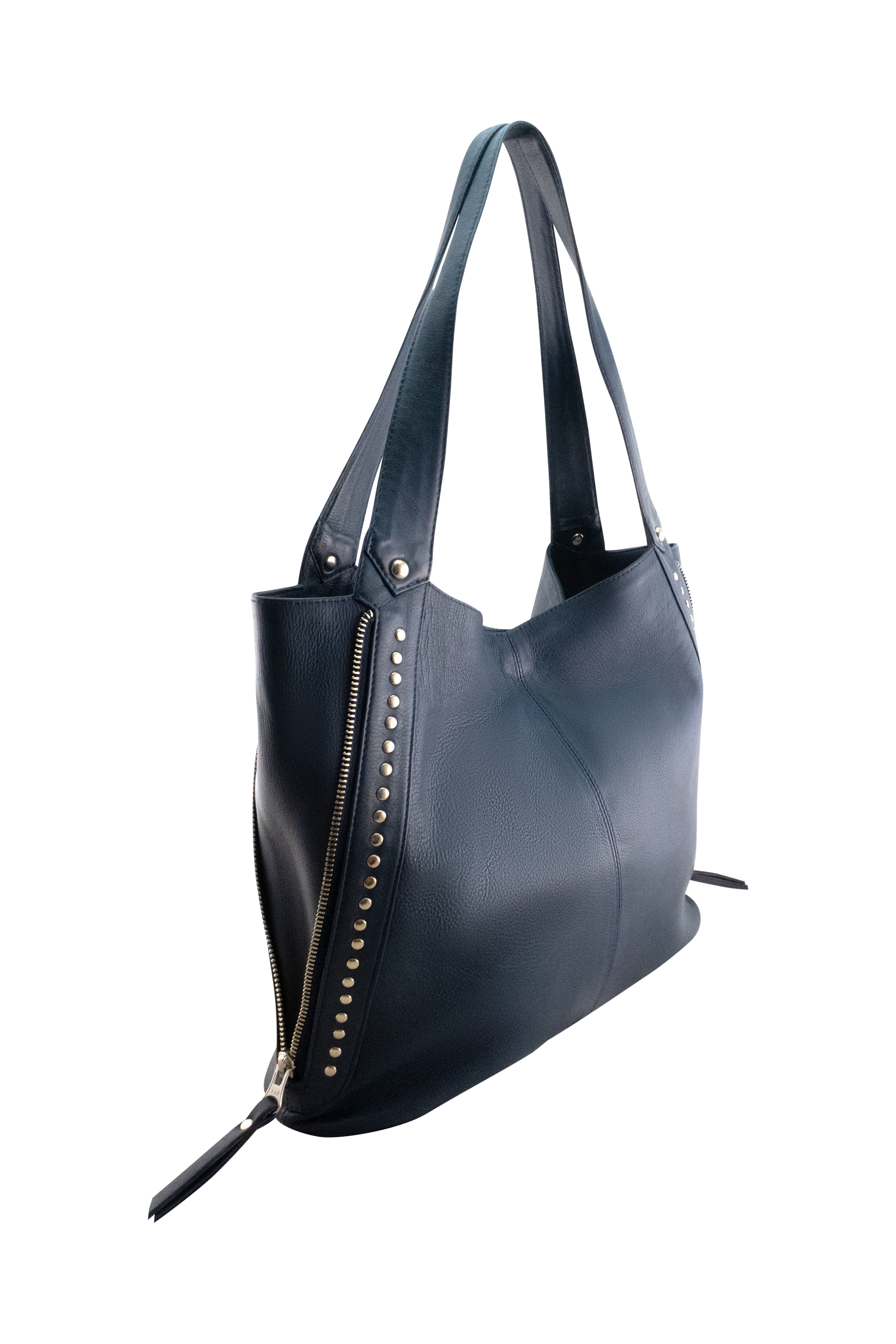 Cadelle Jessie denim blue leather tote bag with expandable zip sides side view