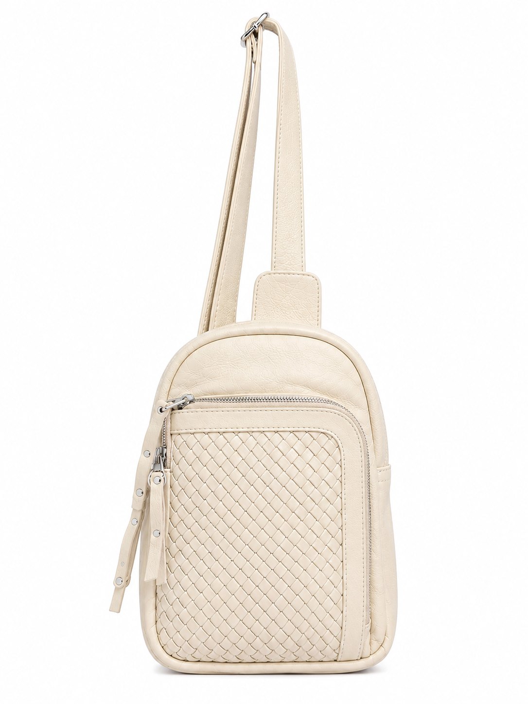 Cadelle Karissa cream leather sling bag with woven front pocket and silver accessories
