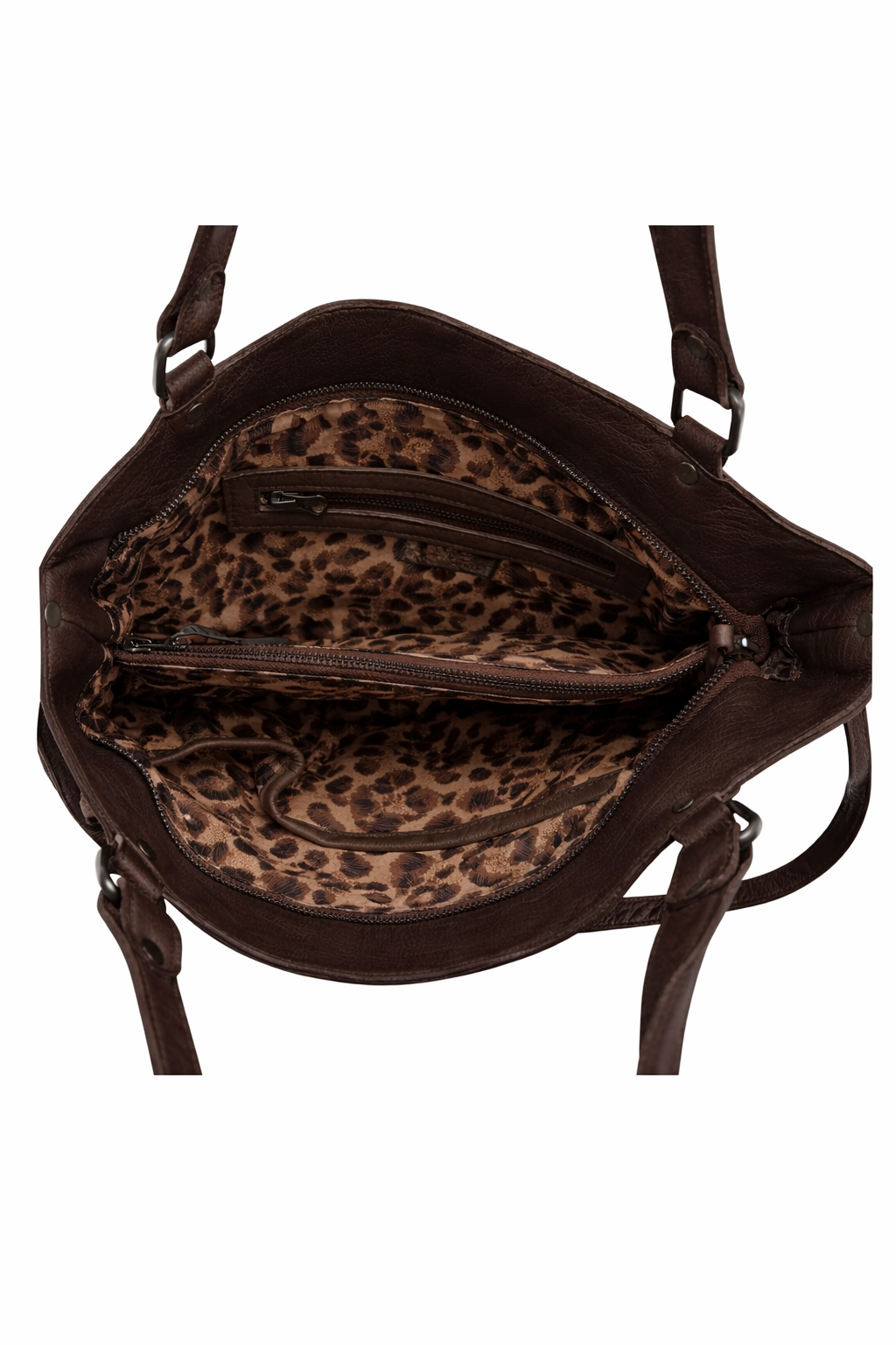 Cadelle Mila chocolate leather tote bag with stitch and stud detail inside view