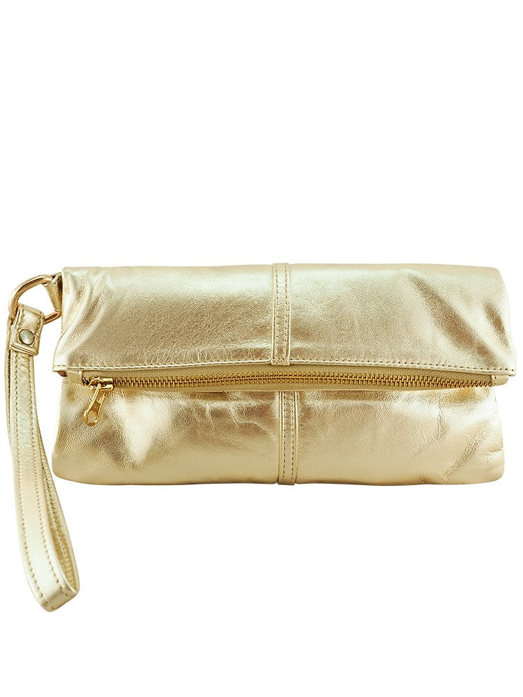 Metallic Faux Leather Metal Buckle Clutch