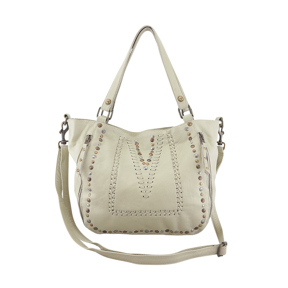 Cadelle Mila honey leather tote bag with stitch and stud detail front view