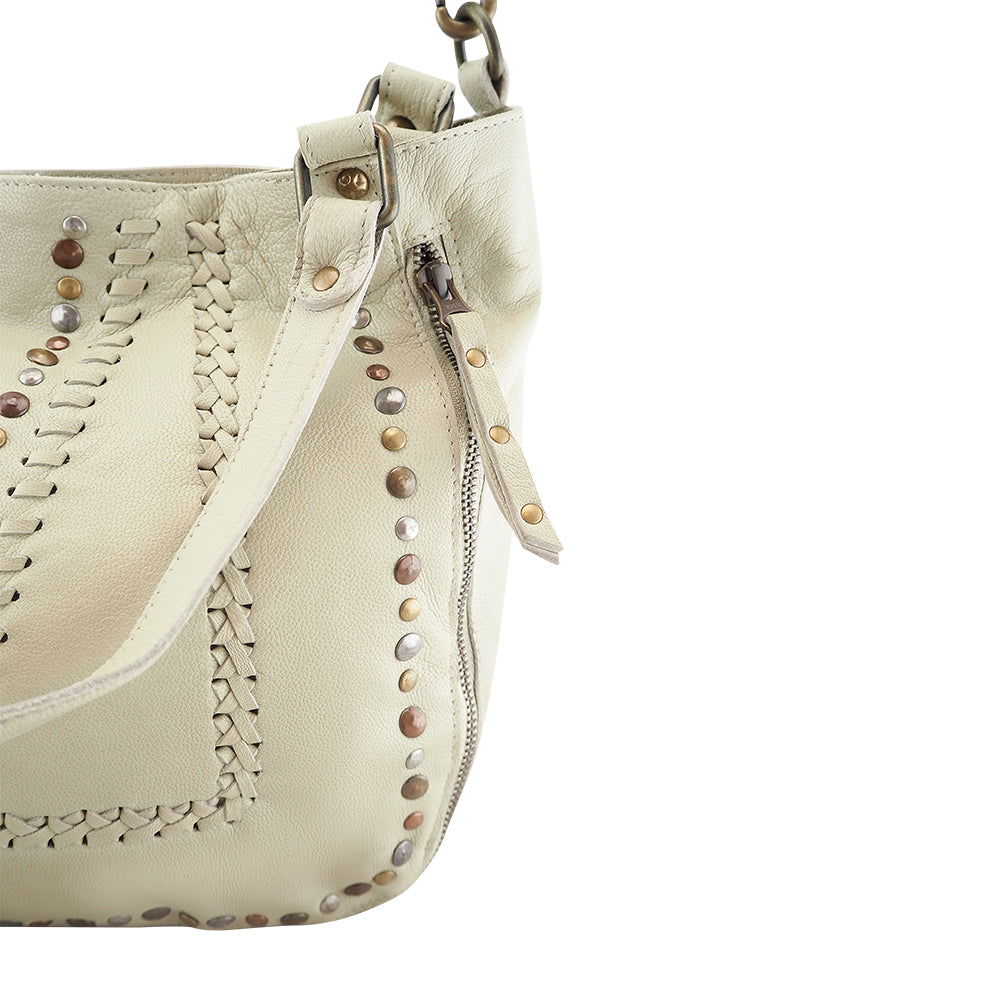 Cadelle Mila honey tote bag with stitch and stud detail close up view