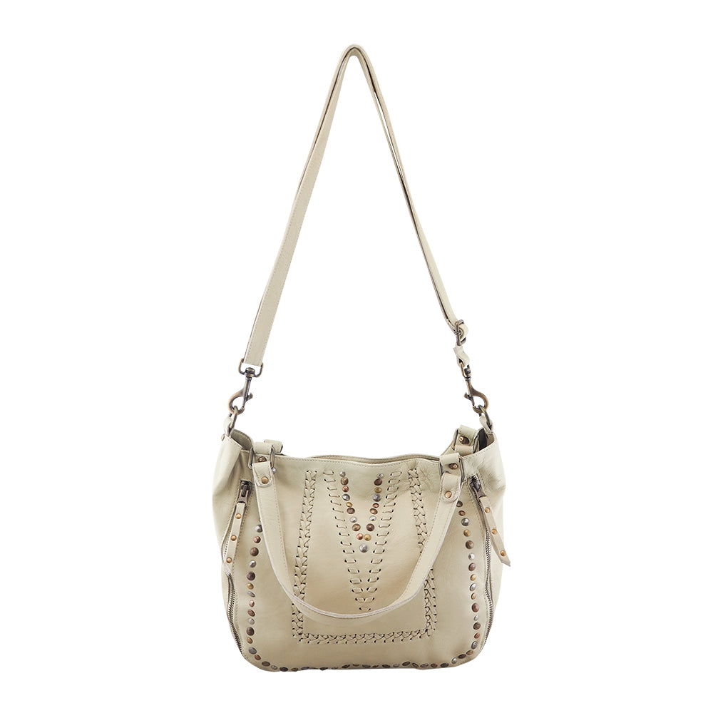 Cadelle Mila honey tote bag with stitch and stud detail front view
