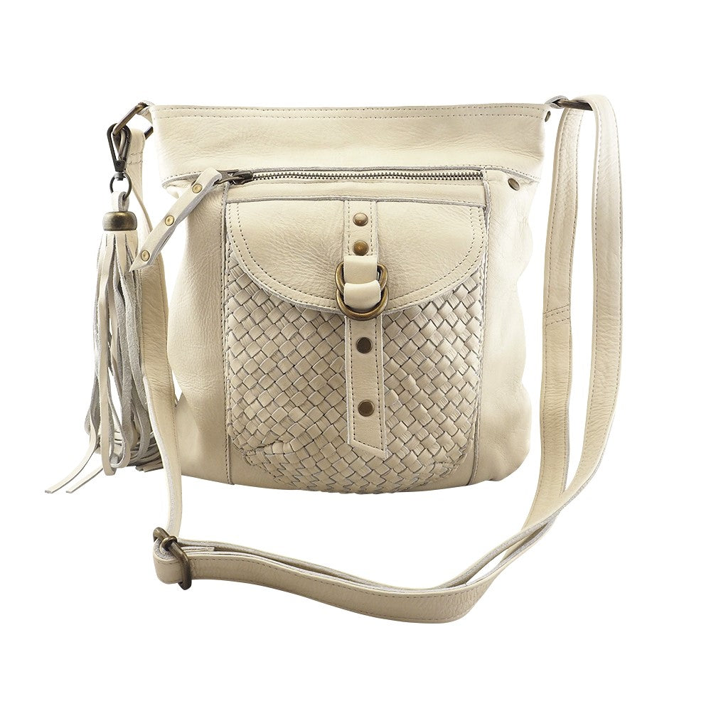 Cadelle Mila cream leather tote bag with stitch and stud detail front view