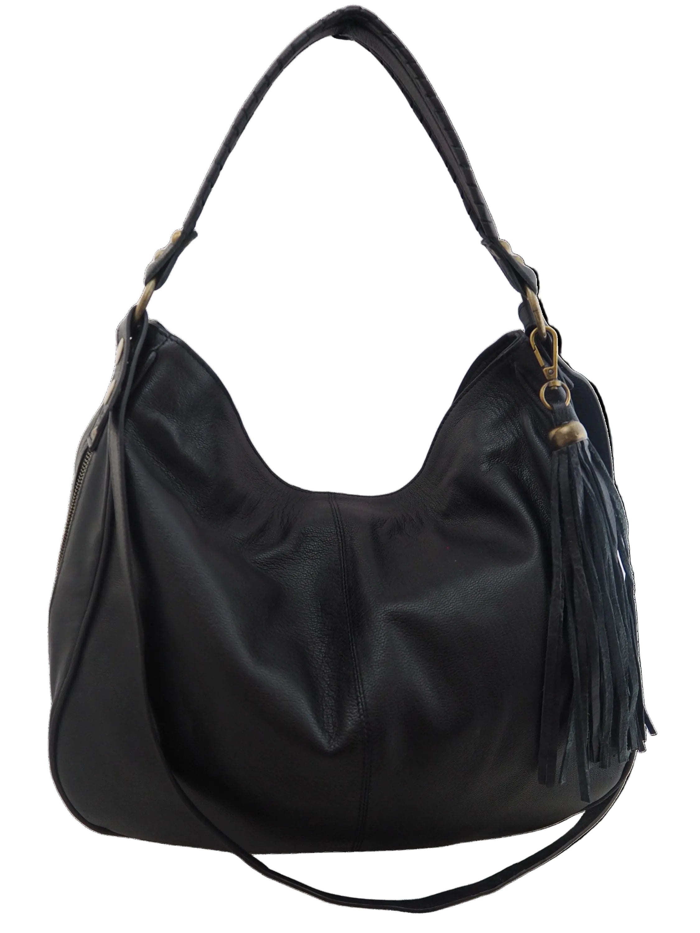Black leather handbag with a tassel, handle and crossbody