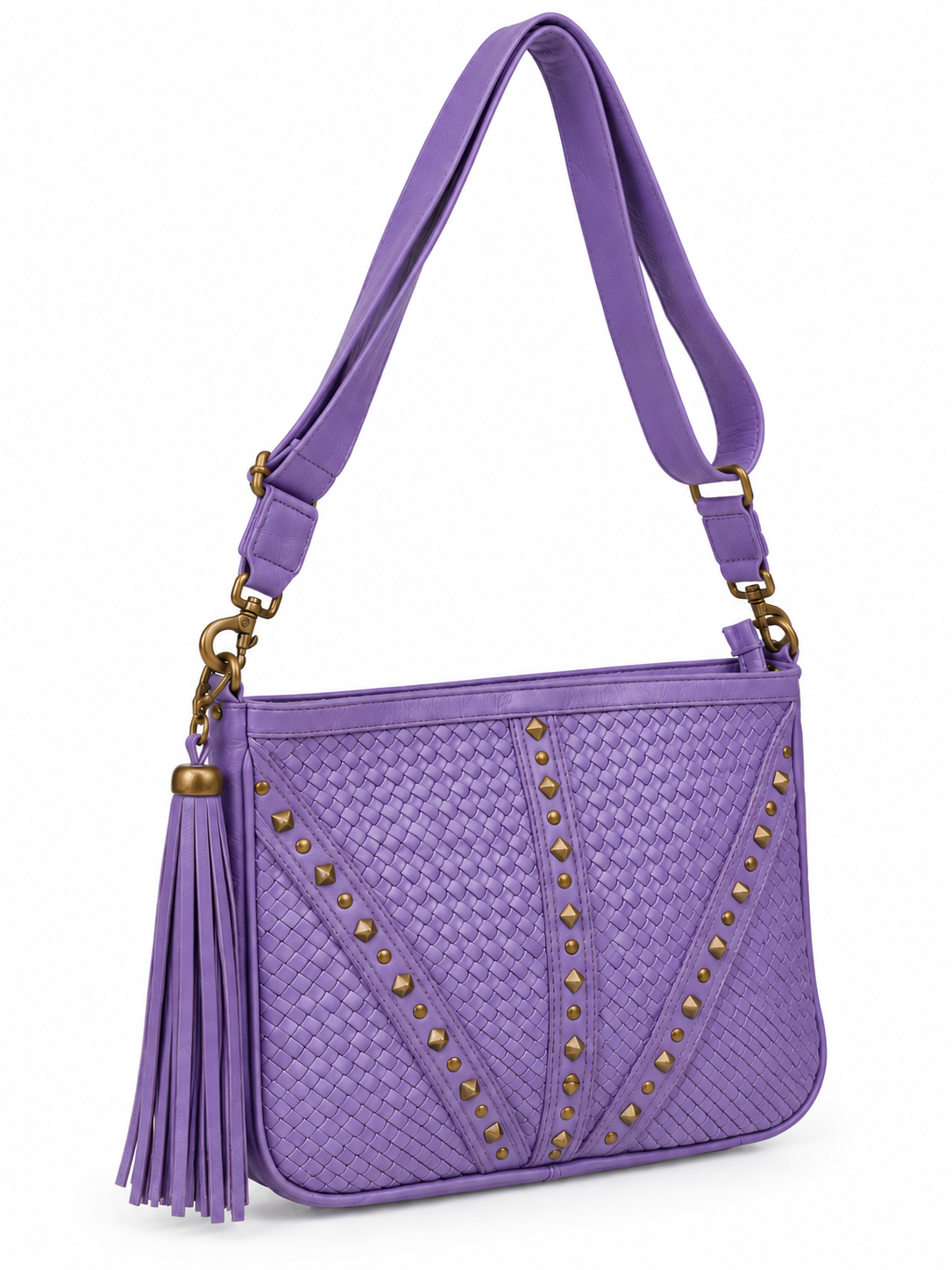 Cadelle Maria violet leather crossbody bag with woven front panel and stud detailing